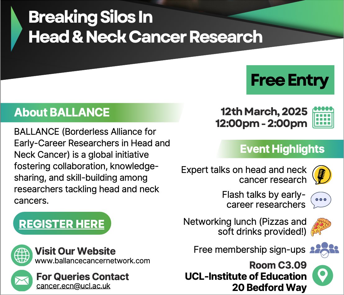 UCL Cancer Domain ECN (@uclcancerecn) on Twitter photo 🚨 Join us on the 12th March 12-2pm <a href="/IOE_London/">IOE, UCL's Faculty of Education & Society</a>
for the BALLANCE x UCL Roadshow event! #headandneck cancer research, awareness, and collaboration!🍕☕️ LUNCH PROVIDED!
Register for FREE 👇
eventbrite.co.uk/e/ballance-roa… 🚨 Join us on the 12th March 12-2pm <a href="/IOE_London/">IOE, UCL's Faculty of Education & Society</a>
for the BALLANCE x UCL Roadshow event! #headandneck cancer research, awareness, and collaboration!🍕☕️ LUNCH PROVIDED!
Register for FREE 👇
eventbrite.co.uk/e/ballance-roa…