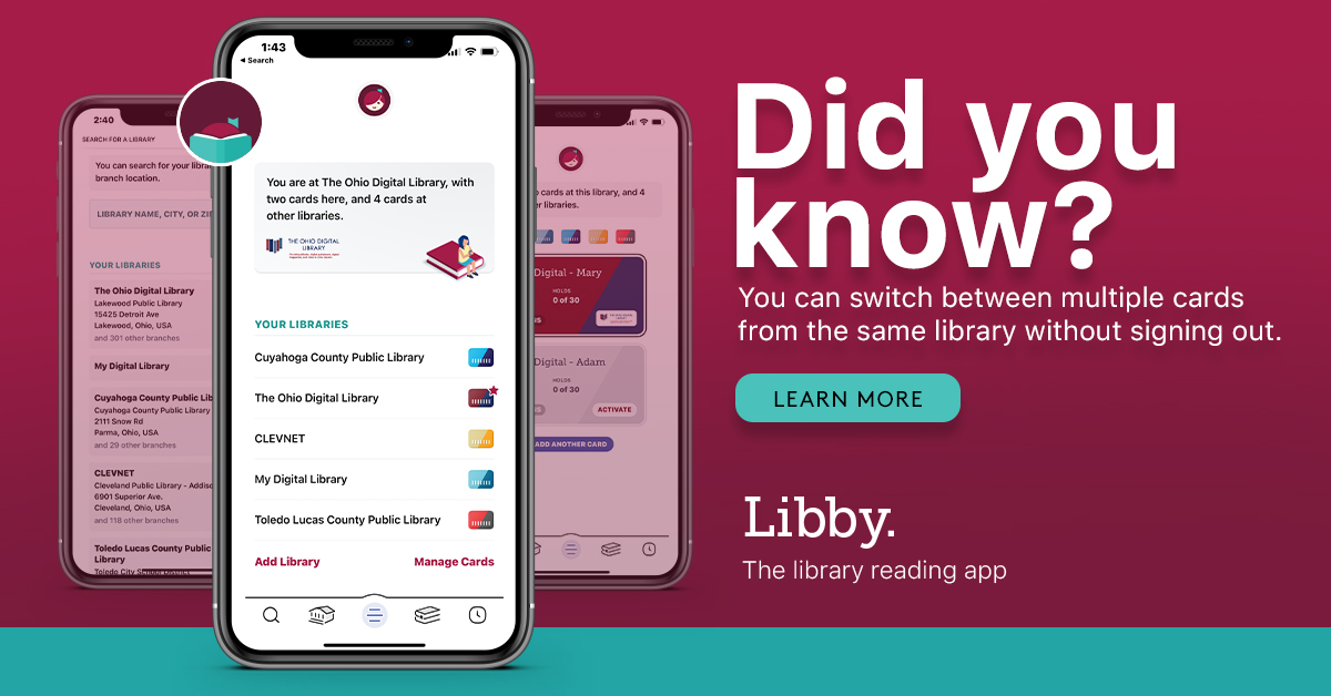 Did you know? 🤔❓

Easily switch between multiple library cards from the same library, without missing a beat! Whether you’re a student or a family of readers, Libby keeps it simple. Sign in to your free #LibbyApp account today to get started! Happy reading—or listening! 😎📱