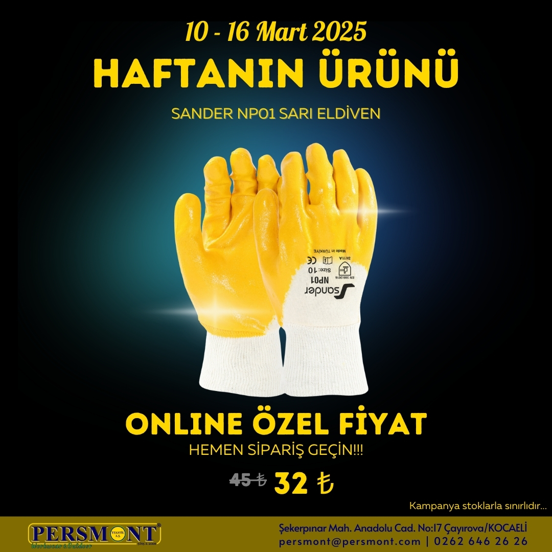 🎯10-16 Mart 2025 Haftanın Ürünleri

📌KOLLARI ÇIKABİLEN POLAR MONT
📌SANDER NP01 SARI ELDİVEN

📢Artık her hafta bir değil iki ürünü "haftanın ürünü" yapıyoruz. Bu hafta bir adet tekstil bir adet İSG ürünü haftanın ürünü olarak sergileniyor...