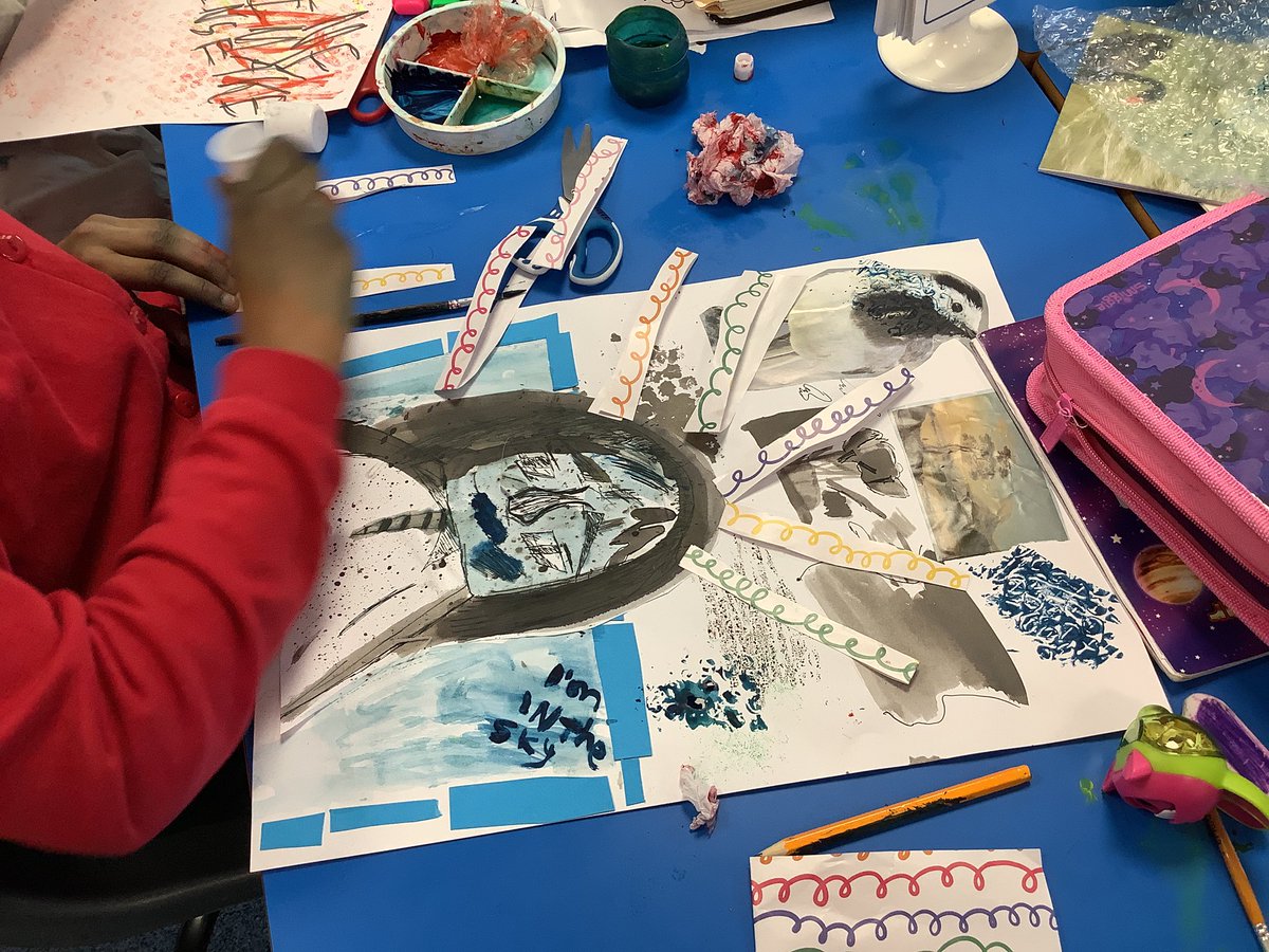 Year 5’s multi media collage portraits using a range of media, inspired by <a href="/EMELBI_artist/">EMELBI</a>