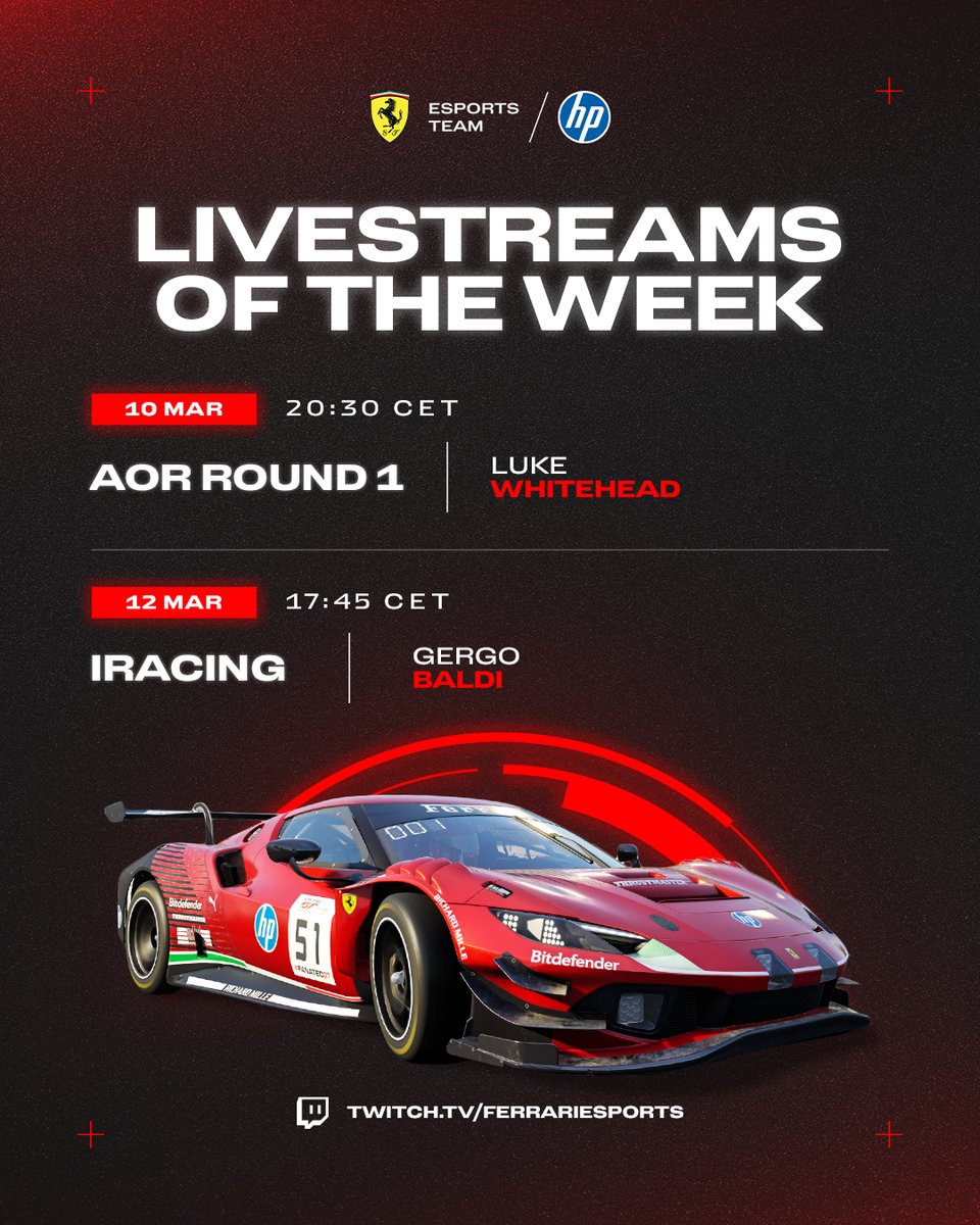 This weeks streams are just too good to pick a favourite ✨

📺 twitch.tv/ferrariesports

#FerrariEsports