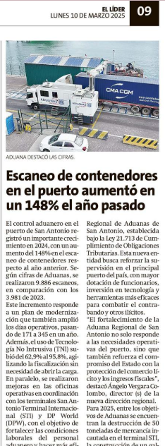 Felicitaciones a la Dirección Regional Aduanas San Antonio por este significativo aumento en el escaneo de contenedores.

Link de la nota en Diario El Líder: lidersanantonio.cl/impresa/2025/0…