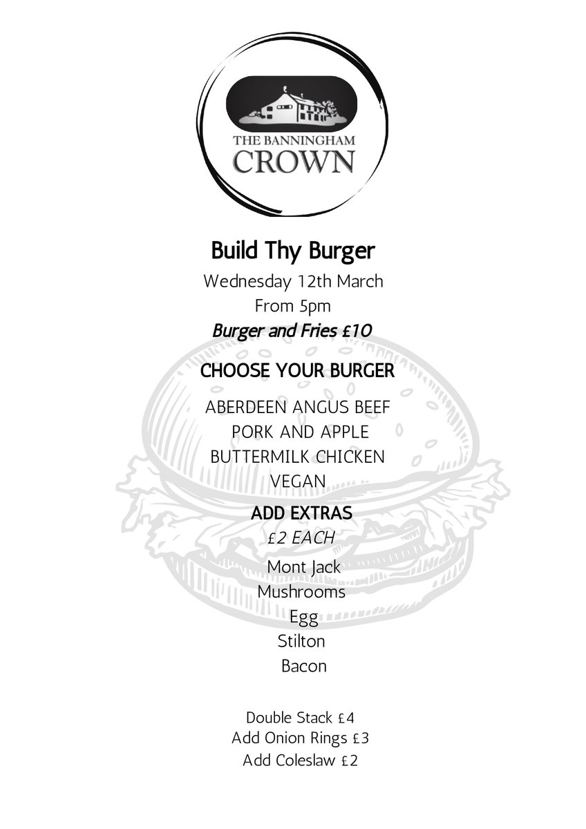 Burger Night this Wednesday <a href="/BanninghamCrown/">Banningham Crown</a> 🍴🍔♥️👑