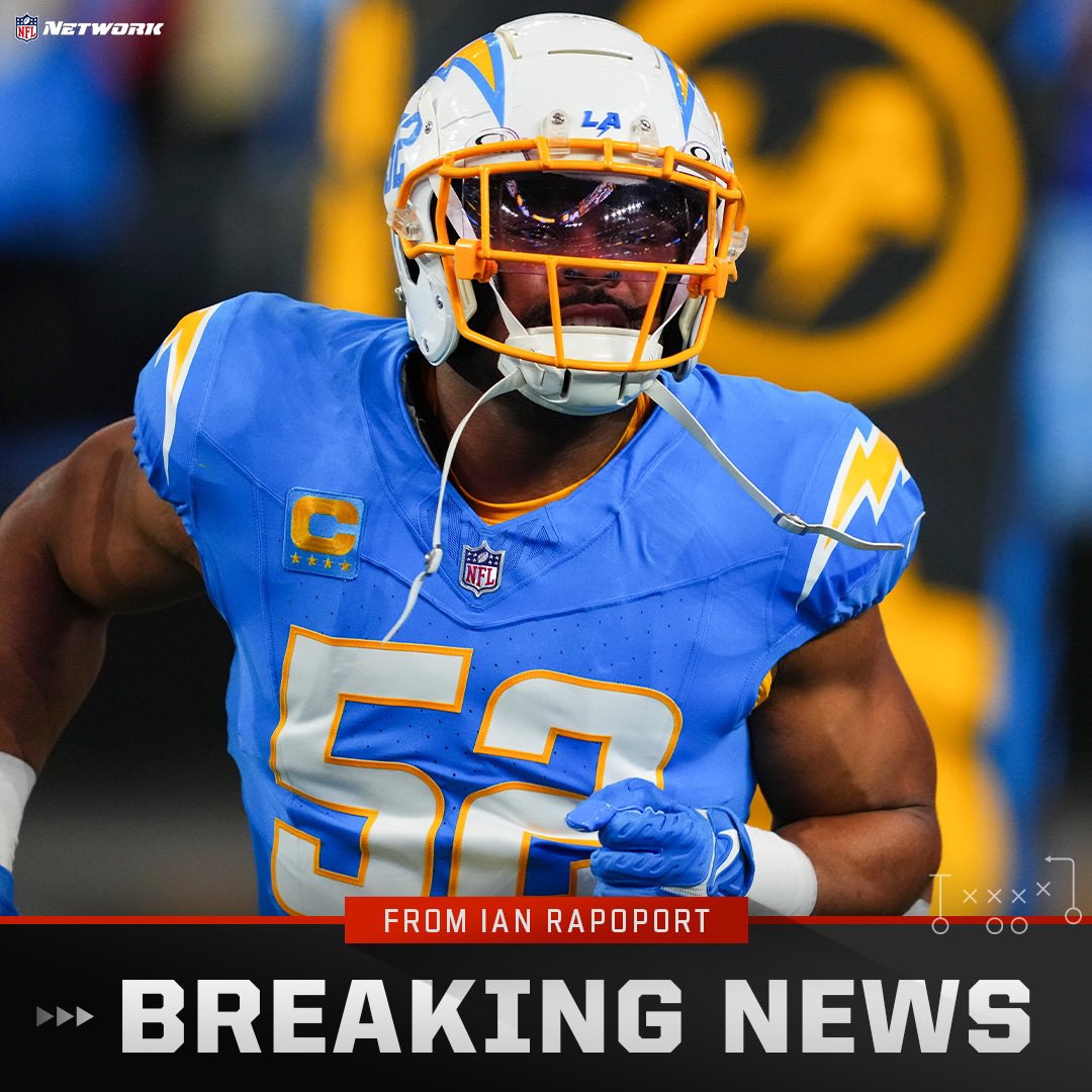 Mack is back for more: Sources say the #Chargers are bringing back star edge Khalil Mack for another season, as the future Hall of Famer stays home. 

It’s one year, $18M fully guaranteed.