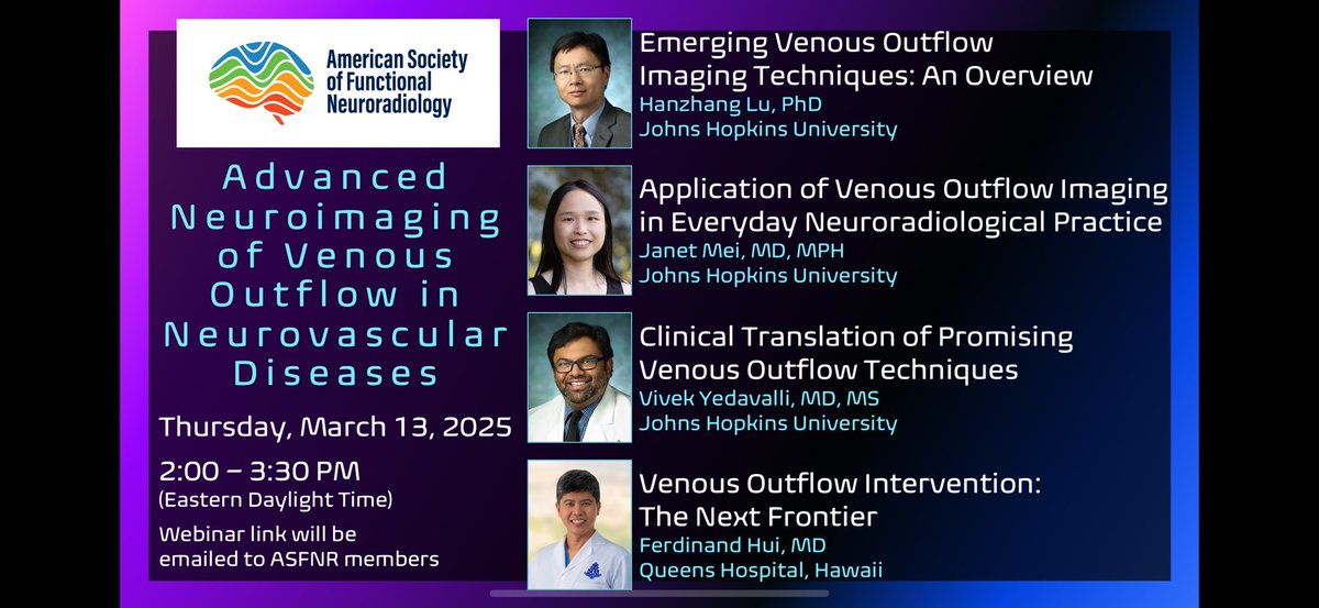 American Society of Functional Neuroradiology (@theasfnr) on Twitter photo ASFNR Webinar!
😻
Advanced Neuroimaging of Venous Outflow in Neurovascular Disease
🤩
March 13, 2025🕑
😺
Webinar link emailed to <a href="/theASFNR/">American Society of Functional Neuroradiology</a> members, renew membership & encourage your colleagues to become members! Trainee membership FREE!
asfnr.org/membership-inf…
👍👍
🧠#BeyondBOLD ASFNR Webinar!
😻
Advanced Neuroimaging of Venous Outflow in Neurovascular Disease
🤩
March 13, 2025🕑
😺
Webinar link emailed to <a href="/theASFNR/">American Society of Functional Neuroradiology</a> members, renew membership & encourage your colleagues to become members! Trainee membership FREE!
asfnr.org/membership-inf…
👍👍
🧠#BeyondBOLD
