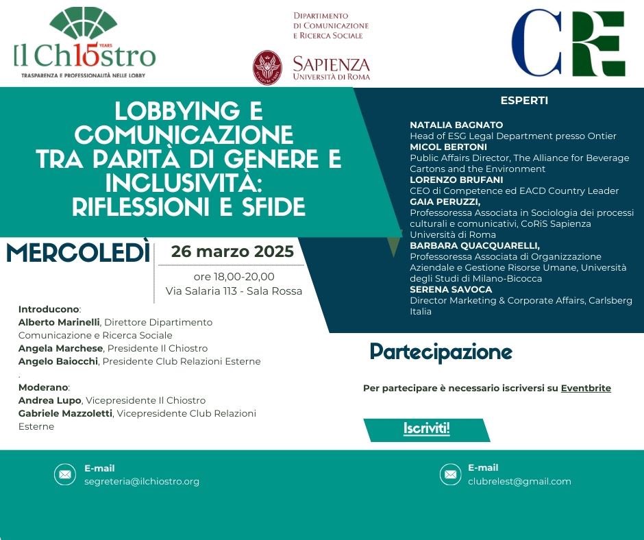 Il prossimo 26 marzo al <a href="/CorisSapienza/">CoRiS Sapienza</a> in collaborazione  tra  <a href="/Ilchiostroweb/">Il Chiostro</a>  e il <a href="/ClubRelEsterne/">ClubRelazioniEsterne</a> vi aspettiamo per parlare di #lobbying #comunicazione #inclusione #paritadigenere con un panel di esperti di grande rilievo.
Nella sala Rossa di <a href="/biblhub/">BiblHub Letteratura Aziendale</a> .
Affrettatevi, ci sono