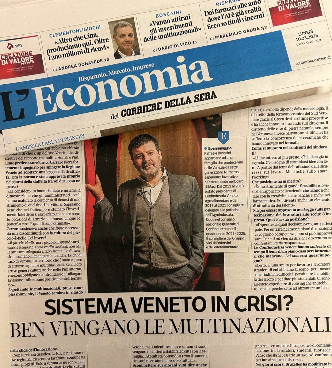 Confindustria Veneto (@confveneto) on Twitter photo Il nostro nuovo Presidente Raffaele Boscaini, su L'Economia del <a href="/Corriere/">Corriere della Sera</a>, ha parlato delle prossime sfide per il #Veneto: innovazione, apertura al mercato globale e attrazione di investimenti internazionali.
Una visione chiara per un Veneto sempre più competitivo. Il nostro nuovo Presidente Raffaele Boscaini, su L'Economia del <a href="/Corriere/">Corriere della Sera</a>, ha parlato delle prossime sfide per il #Veneto: innovazione, apertura al mercato globale e attrazione di investimenti internazionali.
Una visione chiara per un Veneto sempre più competitivo.