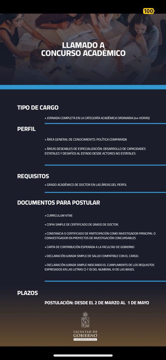 Isabel Castillo C. (@isacastillocar) on Twitter photo En la Facultad de Gobierno U Chile abrimos concurso académico en el área de política comparada. Aquí los detalles del concurso: concurso-academico.uchile.cl
Se agradece difusión En la Facultad de Gobierno U Chile abrimos concurso académico en el área de política comparada. Aquí los detalles del concurso: concurso-academico.uchile.cl
Se agradece difusión