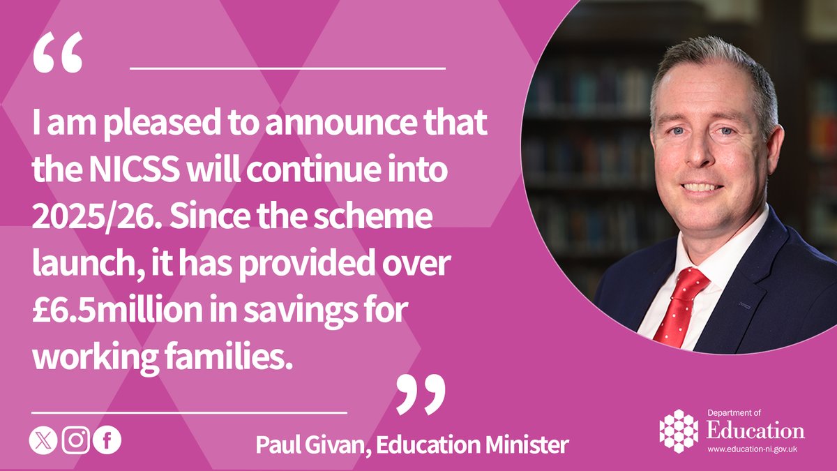 Education NI (@education_ni) on Twitter photo Education Minister <a href="/paulgivan/">Paul Givan</a>, has today announced that the Northern Ireland Childcare Subsidy Scheme (NICSS) will continue into 2025/26.
Read more - education-ni.gov.uk/news/education… Education Minister <a href="/paulgivan/">Paul Givan</a>, has today announced that the Northern Ireland Childcare Subsidy Scheme (NICSS) will continue into 2025/26.
Read more - education-ni.gov.uk/news/education…