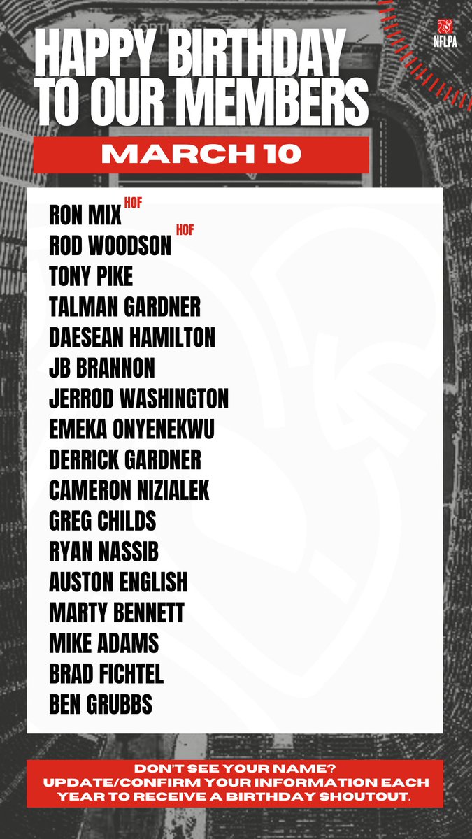 NFLPA Former Players (@nflpafmrplayers) on Twitter photo Happy birthday to our members <a href="/tony_pike15/">Tony Pike</a> <a href="/TalmanGardner/">Talman Gardner</a> <a href="/skeetermills__/">DaeSean Hamilton</a> <a href="/princejohnb15/">John Brannon III</a> <a href="/jerrodwash22/">Jerrod Washington</a> <a href="/Eonyenekwu/">Emeka Onyenekwu</a> <a href="/DerrickGardner/">𝔱𝔥𝔢 𝔫𝔬𝔱𝔬𝔯𝔦𝔬𝔲𝔰 𝔡𝔯𝔤</a> <a href="/camnizguy/">Cameron Nizialek</a> <a href="/TheGregChilds85/">Mr.Childs</a> @Ryan_Nassib <a href="/Reel33/">Auston English</a> <a href="/MartysaurusRex/">Martellus Bennett</a> <a href="/Channel75live/">Mike Adams</a> @BradFichtel <a href="/RodWoodson26/">.</a> - We hope this year is the best one yet! Happy birthday to our members <a href="/tony_pike15/">Tony Pike</a> <a href="/TalmanGardner/">Talman Gardner</a> <a href="/skeetermills__/">DaeSean Hamilton</a> <a href="/princejohnb15/">John Brannon III</a> <a href="/jerrodwash22/">Jerrod Washington</a> <a href="/Eonyenekwu/">Emeka Onyenekwu</a> <a href="/DerrickGardner/">𝔱𝔥𝔢 𝔫𝔬𝔱𝔬𝔯𝔦𝔬𝔲𝔰 𝔡𝔯𝔤</a> <a href="/camnizguy/">Cameron Nizialek</a> <a href="/TheGregChilds85/">Mr.Childs</a> @Ryan_Nassib <a href="/Reel33/">Auston English</a> <a href="/MartysaurusRex/">Martellus Bennett</a> <a href="/Channel75live/">Mike Adams</a> @BradFichtel <a href="/RodWoodson26/">.</a> - We hope this year is the best one yet!