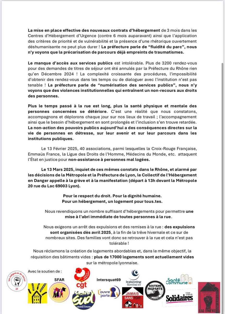<a href="/jamaissanstoit/">Jamais Sans Toit</a> soutient l’appel du Collectif Hébergement en Danger en à la grève et la manifestation des professionnel.le.s du social le 13 mars

🪧Départ à 13h devant le <a href="/grandlyon/">Métropole de Lyon</a> 20 rue du Lac Lyon 3e arrdt.