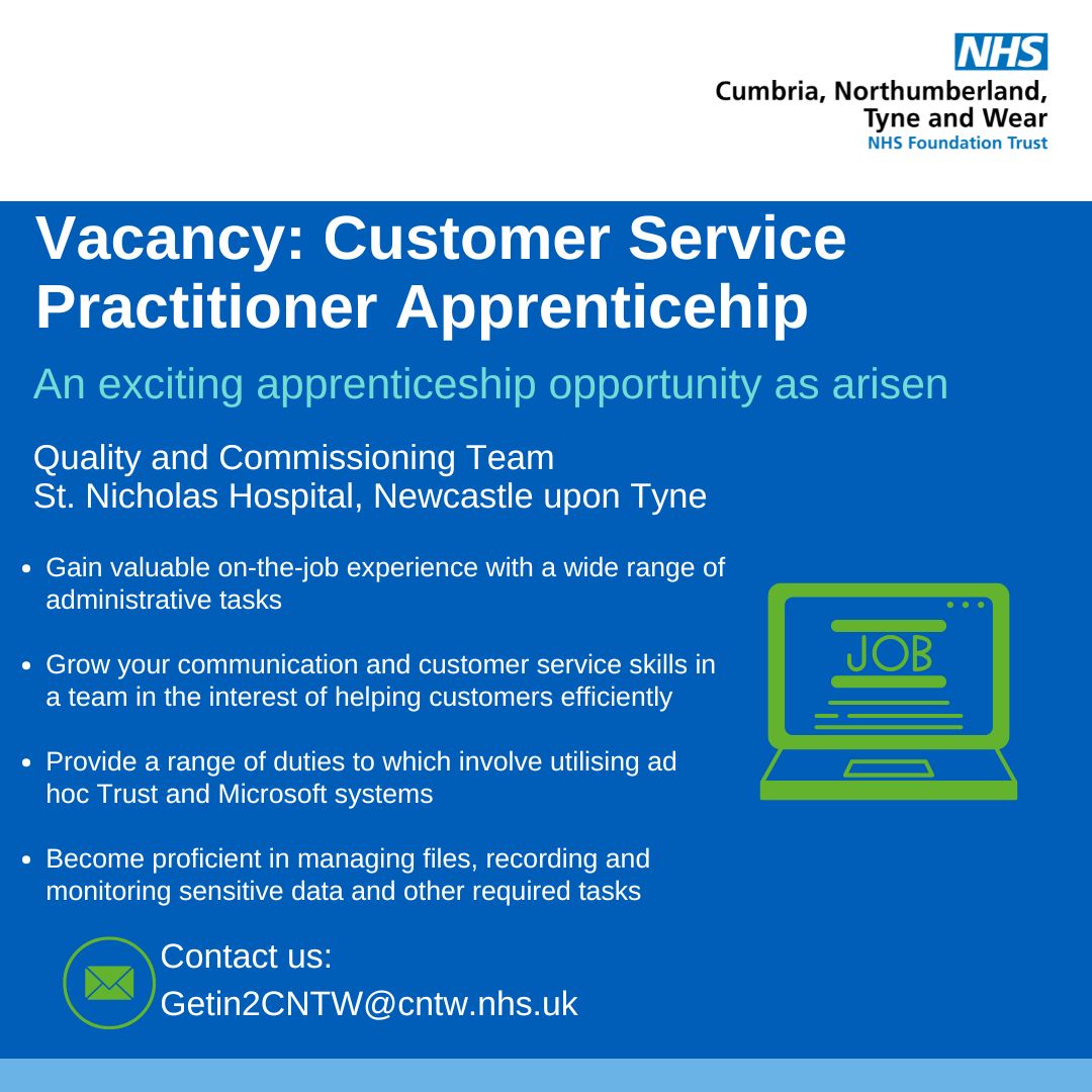 Apprenticeships at CNTW NHS Foundation Trust (@cntwapprentices) on Twitter photo 🚨Last chance to apply for our current Customer Service Practitioner apprenticeship vacancy at <a href="/CNTWNHS/">Cumbria, Northumberland, Tyne and Wear NHS FT</a>. Our vacancy closes Thursday 13th March 2025, this week.
Gain professional skills and experience and learn on-the-job and earn a wage.
Apply now:🔗 findapprenticeship.service.gov.uk/apprenticeship… 🚨Last chance to apply for our current Customer Service Practitioner apprenticeship vacancy at <a href="/CNTWNHS/">Cumbria, Northumberland, Tyne and Wear NHS FT</a>. Our vacancy closes Thursday 13th March 2025, this week.
Gain professional skills and experience and learn on-the-job and earn a wage.
Apply now:🔗 findapprenticeship.service.gov.uk/apprenticeship…