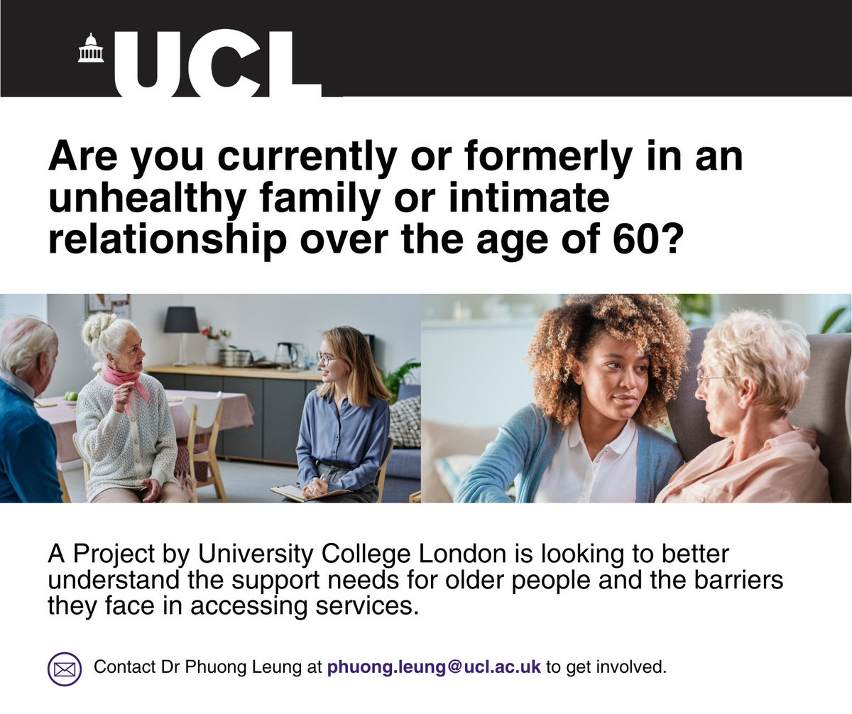 Are you over 60 and in, or formerly in an unhealthy relationship?

We're supporting <a href="/ucl/">UCL</a> on a new research project which aims to understand support needs for older people and the barriers to accessing services.

If you'd like to take part, get in touch at phuong.leung@ucl.ac.uk