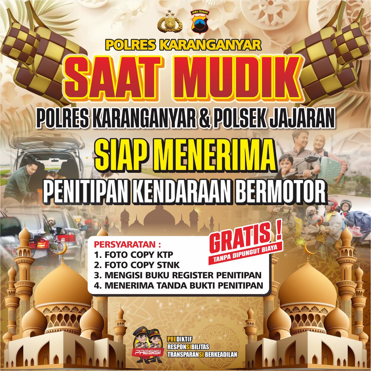 Polri Untuk Masyarakat,

Nikmati fasilitas yang telah kami sediakan,
Pastikan mudik aman dan nyaman.

#ramadhansuci
#polriuntukmasyarakat
#polripresisi
#ramadhan2025
#berkahramadhan
