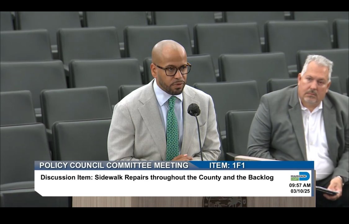 Why are Miami-Dade sidewalks crumbling? The county only employs one repair crew. Public Works dir Josiel Ferrer-Diaz says 4 needed to catchup with multiple year back up in repair requests.