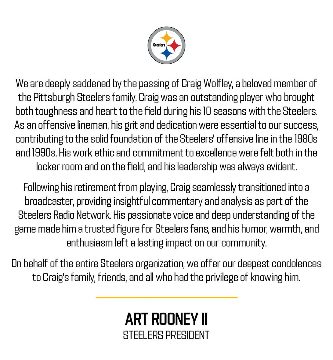 Statement from Steelers President Art Rooney II on the passing of Craig Wolfley: