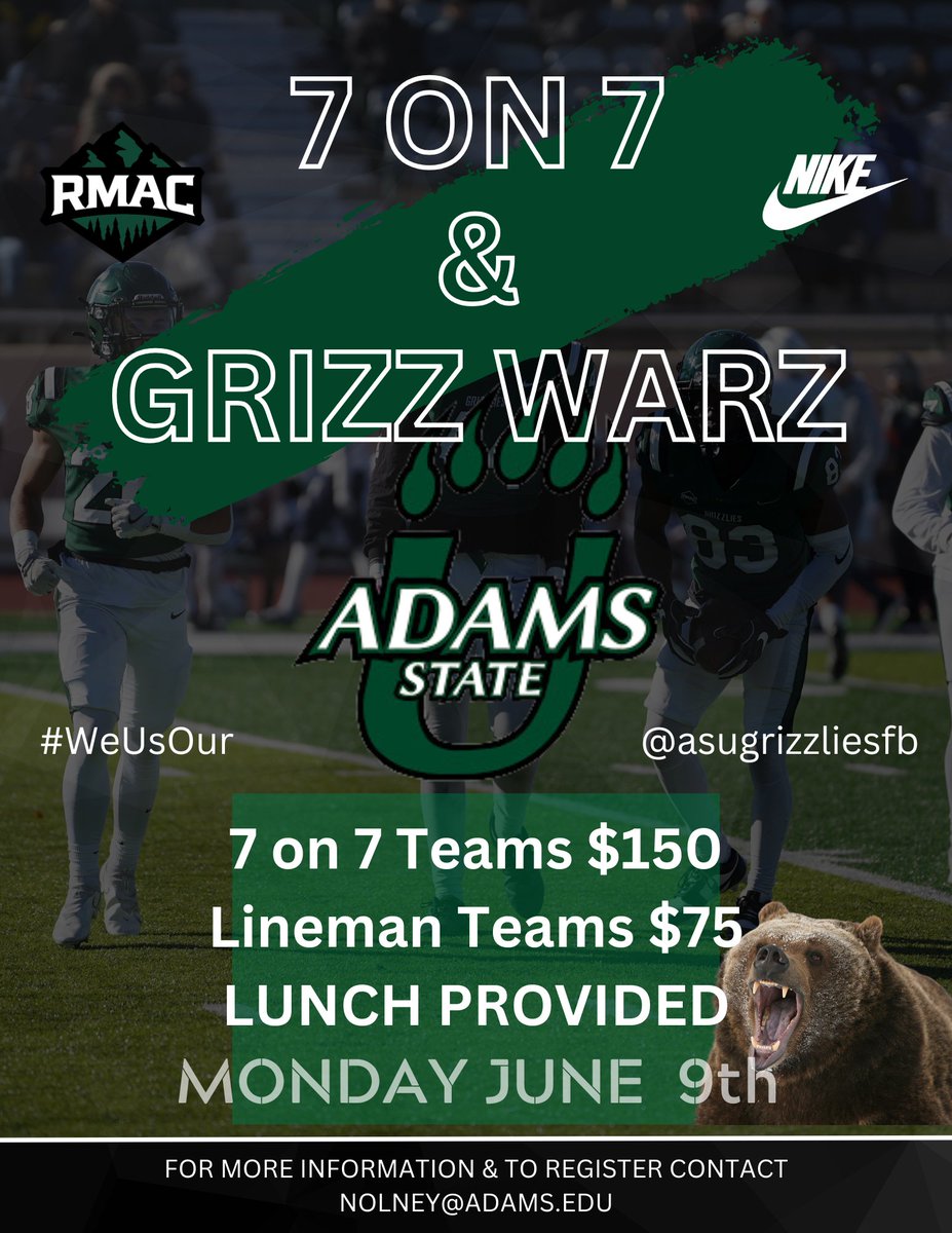 Adams State Football (@asugrizzliesfb) on Twitter photo Excited to announce our first annual 7 on 7 Tournament and Grizz Warz on June 9th!
<a href="/ASUGrizzlies/">Adams State Grizzlies</a>
#WeUsOur #GrizzGang Excited to announce our first annual 7 on 7 Tournament and Grizz Warz on June 9th!
<a href="/ASUGrizzlies/">Adams State Grizzlies</a>
#WeUsOur #GrizzGang