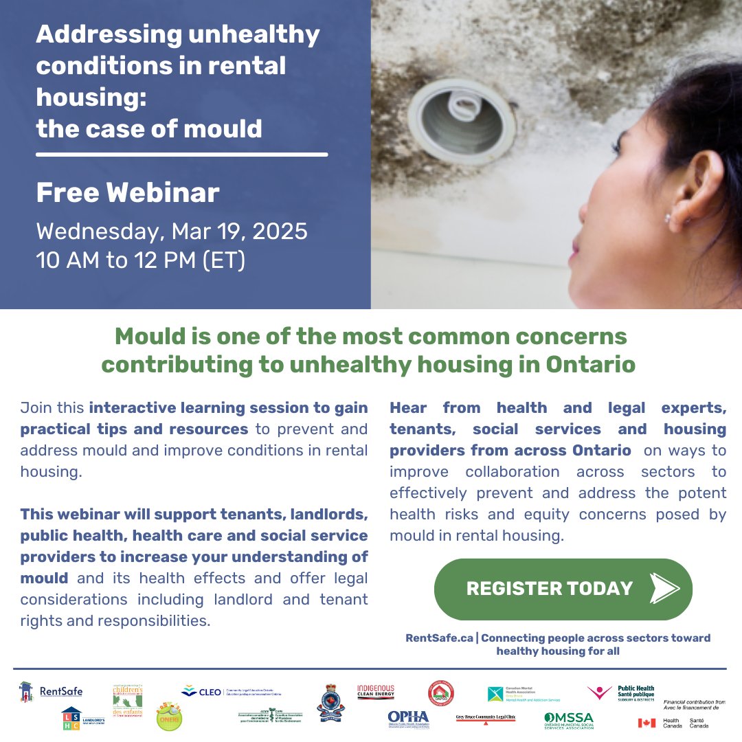 RentSafe is hosting a free webinar on March 19, from 10 AM to noon (ET)!
Addressing unhealthy conditions in rental housing: the case of mould

For more information, and to register:
outreach.cleo.on.ca/civicrm/civiwp…