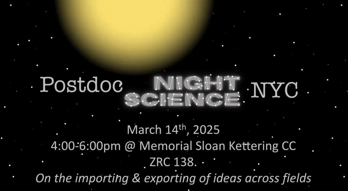 Itai Yanai (@itaiyanai) on Twitter photo Postdoc Night Science NYC! Next session is Friday 4-6pm at MSK, to learn and practice the creative scientific process! The topic this time is the import/export of ideas. The brilliant Yael David join us too! <a href="/Yael_David__/">Yael David</a>
Limited spots, please register docs.google.com/forms/d/12bB... Postdoc Night Science NYC! Next session is Friday 4-6pm at MSK, to learn and practice the creative scientific process! The topic this time is the import/export of ideas. The brilliant Yael David join us too! <a href="/Yael_David__/">Yael David</a>
Limited spots, please register docs.google.com/forms/d/12bB...