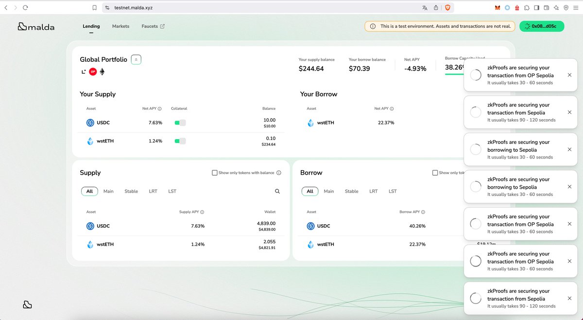 IvanGLE (@ivanglebovich) on Twitter photo All actions have been done, it works well overall, but borrow USDC does not work completely, I hope they will fix it soon, and transactions in OP sepolia and SepoliaETH are frozen, rating 3/5
<a href="/malda_xyz/">Malda (prev. Mendi Finance)</a> All actions have been done, it works well overall, but borrow USDC does not work completely, I hope they will fix it soon, and transactions in OP sepolia and SepoliaETH are frozen, rating 3/5
<a href="/malda_xyz/">Malda (prev. Mendi Finance)</a>