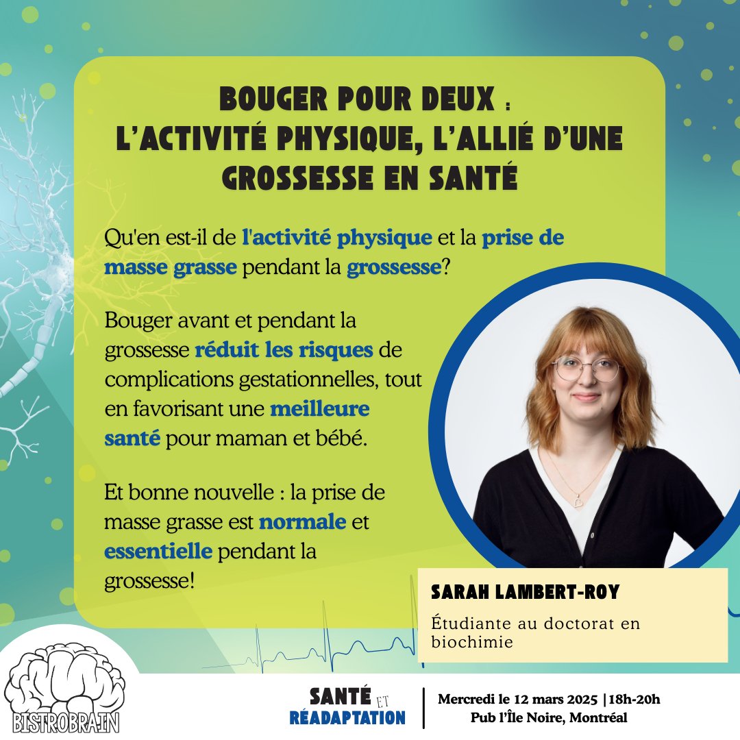 Dans le cadre du BistroBrain, Sarah Lambert-Roy, une étudiante du CMDO, présentera sont projet de recherche sur la grossesse et l'activité physique.

🗓️Mercredi le 12 mars à 18h
📍Pub l'Île Noire, Montréal

Pour plus d'infos: facebook.com/share/1Earkv6K…