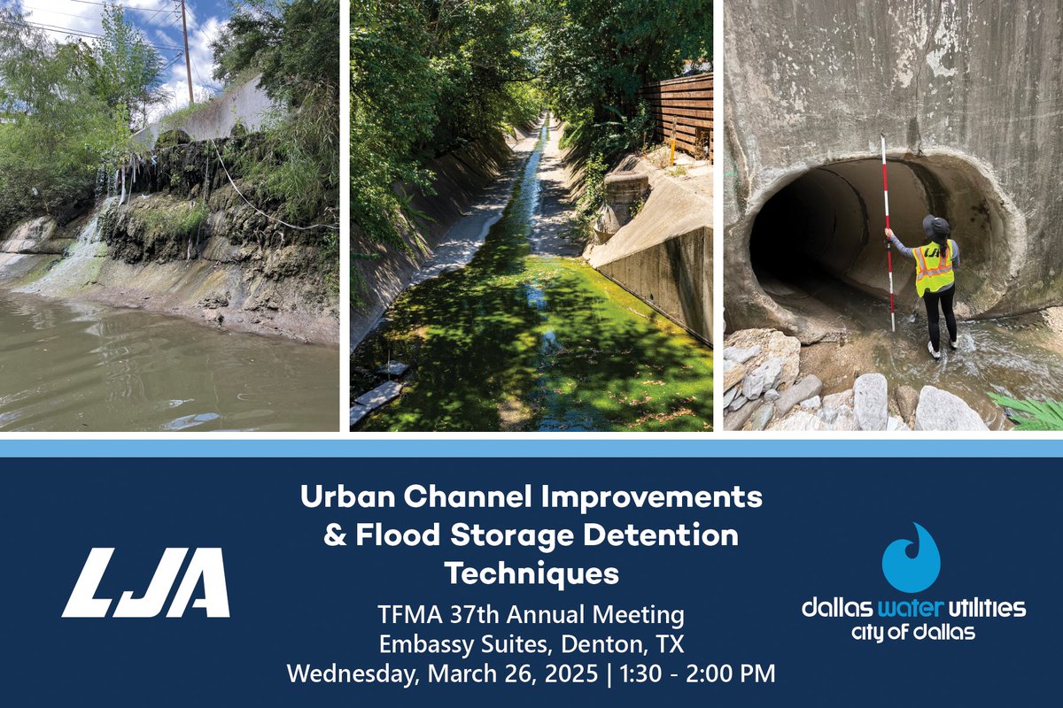 #TFMA &gt;&gt;&gt; LJA's Rodrigo Vizcaino and Liane Holl are collaborating with DWU's David Phan to present on urban channel improvements and flood storage techniques at the Texas Floodplain Management Association Annual Meeting in Denton, Texas. Stop by LJA's booth in the exhibit hall!