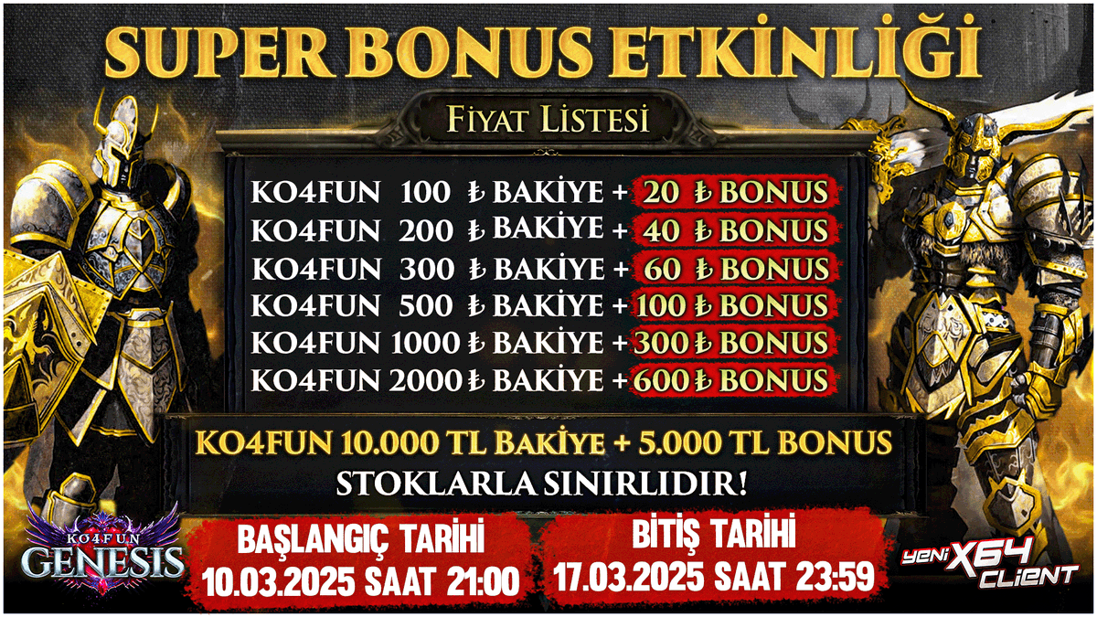 📣 KO4FUN Genesis Özel Klasgame SÜPER BONUS etkinliği bugün 21:00'de başlıyor. 🔥  
⏰Kısa süreli bonus etkinliğinden faydalanmak için Klasgame'e uğramayı unutmayın! 🎉
👉 KO4FUN 100 TL Bakiye + 20 TL BONUS
👉 KO4FUN 200 TL Bakiye + 40 TL BONUS
👉 KO4FUN 300 TL Bakiye + 60 TL