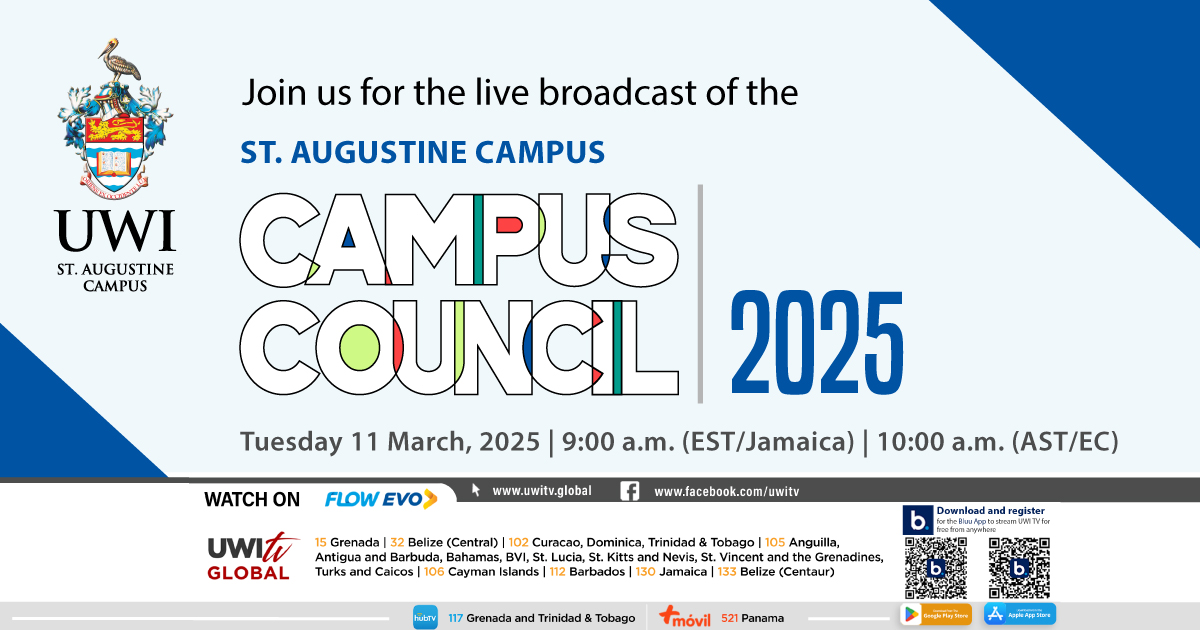 Tomorrow, Tuesday, March 11, 2025, the Campus Council (the governing body of The UWI St. Augustine Campus) will host its annual St. Augustine Campus Council meeting, where its Annual Report will be presented. Join us live for this event on
<a href="/UWITv/">UWI TV</a> from 10:00 am EST.