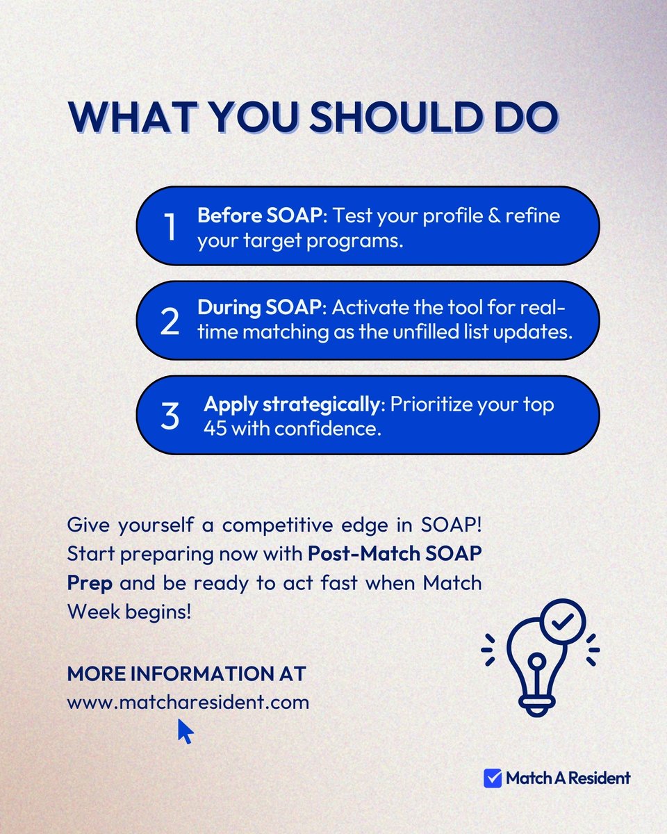 Find your best matches fast during SOAP with the Compatibility Checker! Get real-time updates, rank your top 45 programs, and apply strategically. #SOAP2025 #MatchWeek #MatchAResident #PostMatchSOAPPrep