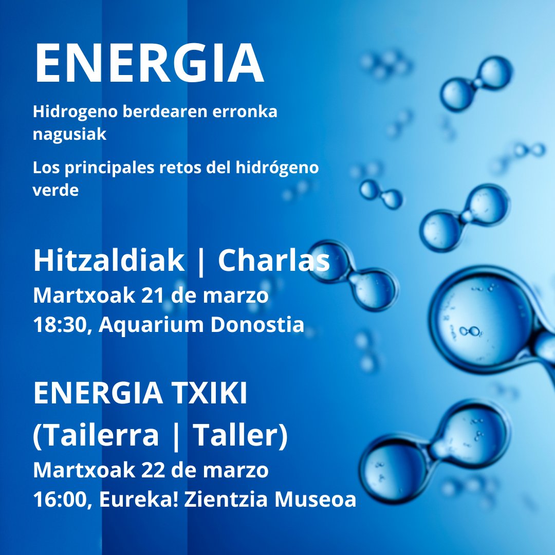 🧪💚🚙 ENERGIA ekitaldia Donostian
⚡️ENERGIA HITZALDIAK
⏰Martxoak 21, 18:30
<a href="/aquariumss/">Aquarium Donostia-SS</a> 
🌍ENERGIA TXIKI
⏰Martxoak 22, 16:00
Eureka! zientzia  Zientzia Museoa
4-10 urte bitarteko haurrak
+ INFO: cfm.ehu.es/eu/cfm_news/en…
<a href="/eurekakutxa/">Eureka!ZientziaMuseoa Kutxa</a> <a href="/anemel_eu/">ANEMEL</a> <a href="/upvehu/">UPV/EHU</a> <a href="/_SaraBarja/">Sara Barja</a>