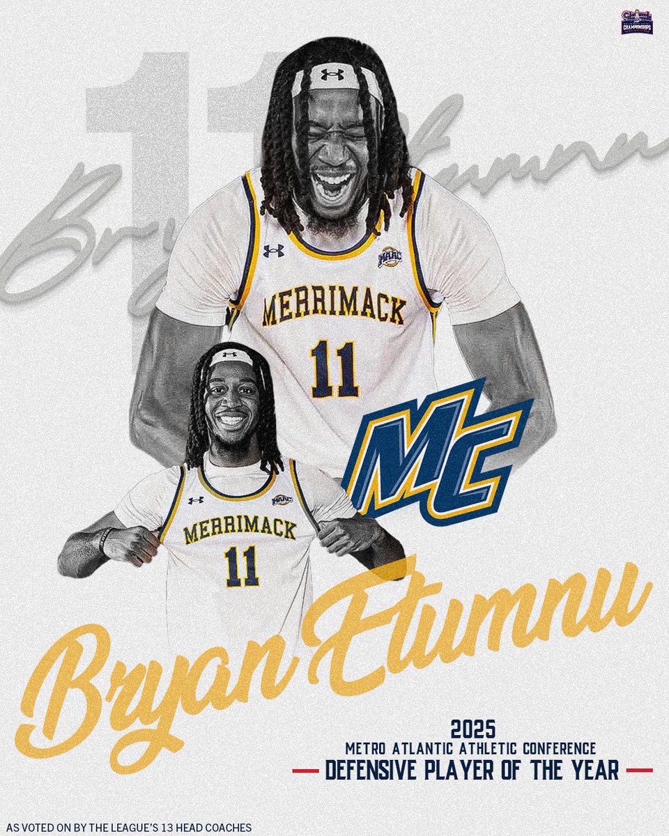 #MAACHoops (@maachoops) on Twitter photo 2025 MAAC Men's Basketball Defensive Player of the Year
Bryan Etumnu // <a href="/MerrimackMBB/">Merrimack Men’s Basketball</a>
#MAACHoops x #mACchoops25 2025 MAAC Men's Basketball Defensive Player of the Year
Bryan Etumnu // <a href="/MerrimackMBB/">Merrimack Men’s Basketball</a>
#MAACHoops x #mACchoops25