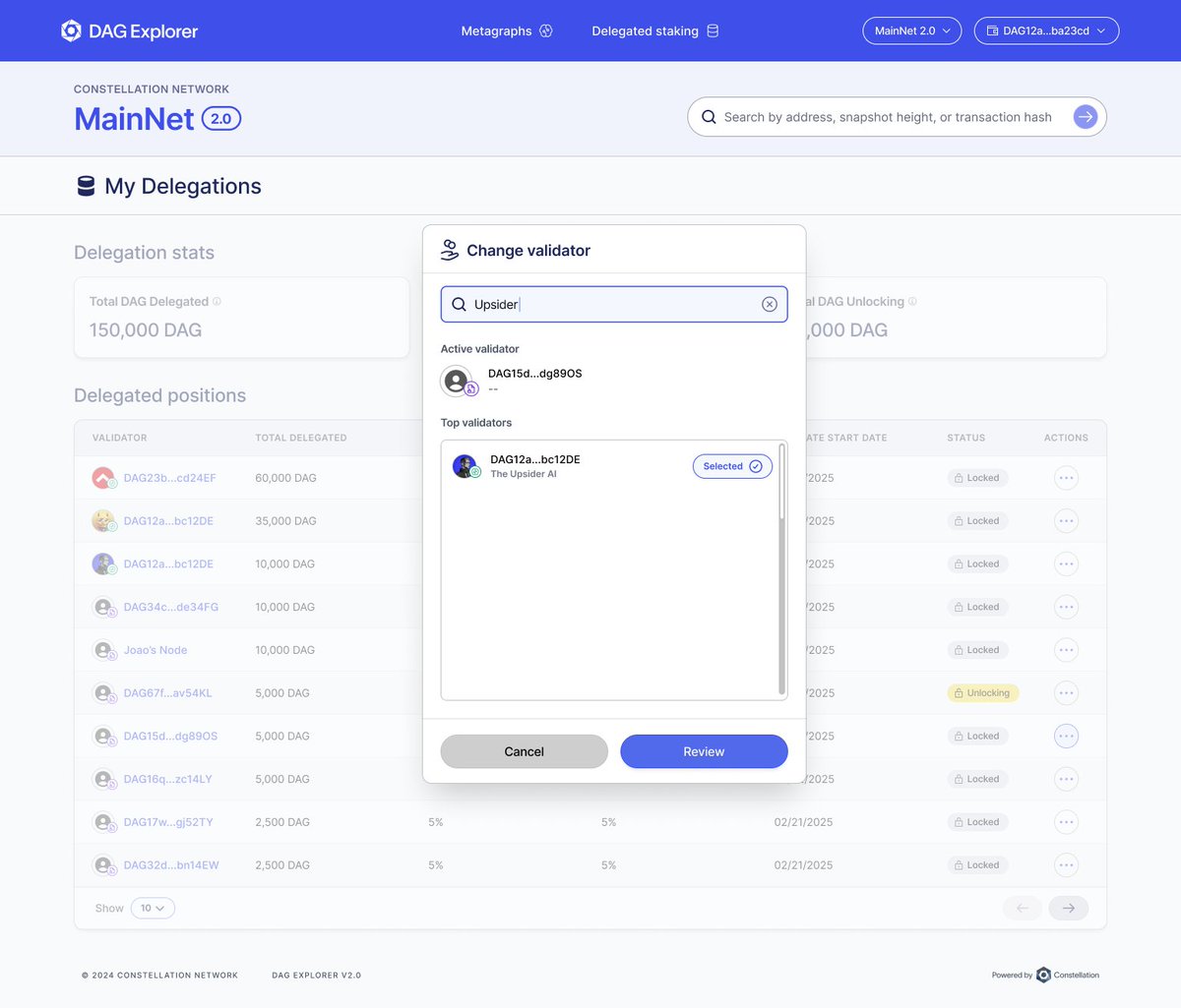 Conste11ation's tweet image. Delegated Staking is Coming
Switch validators instantly without losing rewards!
The images below show a user seamlessly switching their delegation to @TheUpsiderAI validator—all within their DAG explorer dashboard.
Your DAG, Your Choice
Learn More:
x.com/stardustco11ec…