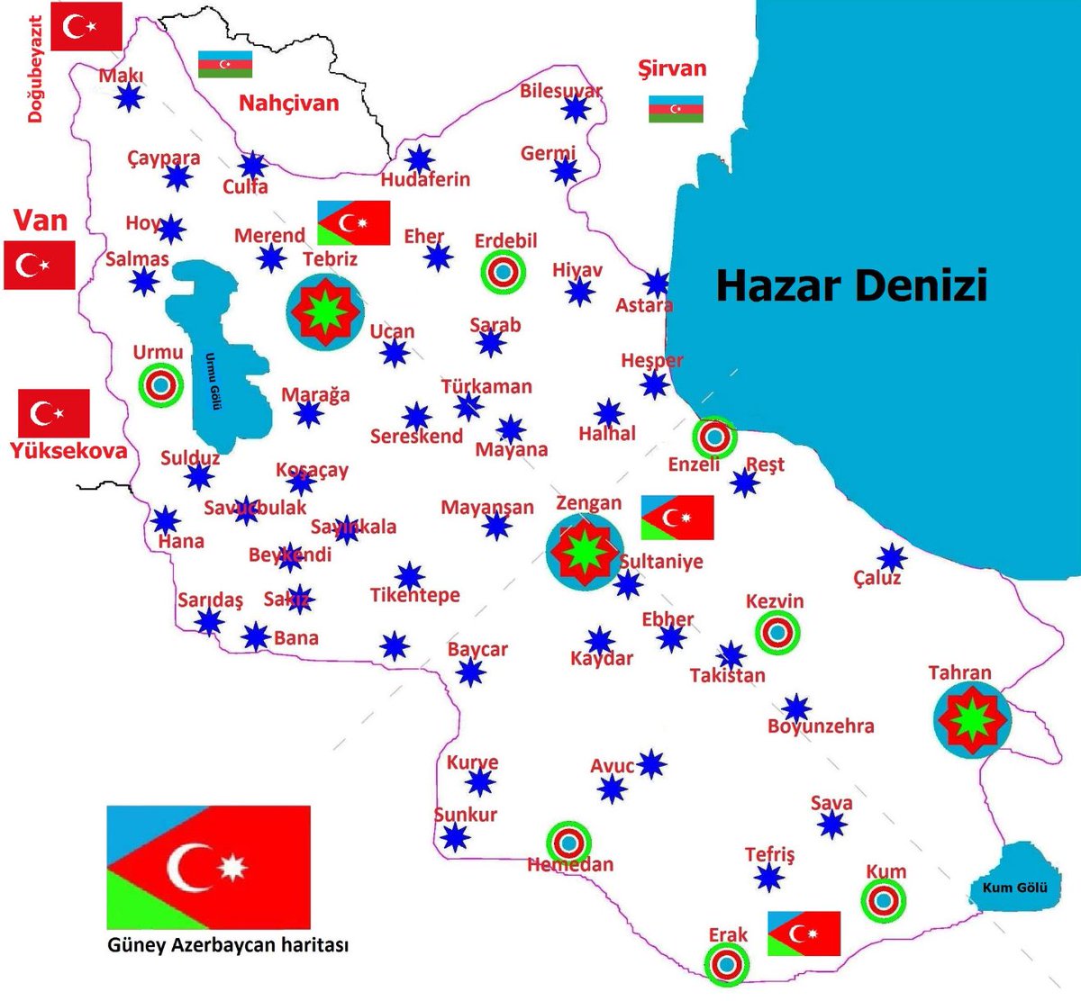 Güney Azerbaycan Şehirleri, Sınırları ve Haritası
•Yüksekova’dan Doğubeyazıt’a,
•Nahçıvan’dan Astara’ya kadar,

Türkiye ve Azerbaycan sınırlarımızdır.

Urmiye’den Tahran’a kadar bu topraklar Türktür ve Türklerin kalacaktır.

Paylaşınki herkes duysun