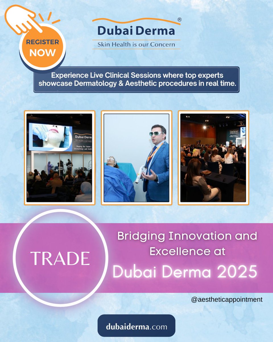 Join Dubai Derma (<a href="/DubaiDerma/">dubaiderma</a>) 2025 for an unparalleled experience in skincare &amp; aesthetics! 

📅 April 14-16, 2025 | 📍 Dubai World Trade Centre: aestheticappointment.co.za/2025/03/dubai-… 

#AestheticAppointment #DubaiDerma2025 #Dermatology #SkincareInnovations