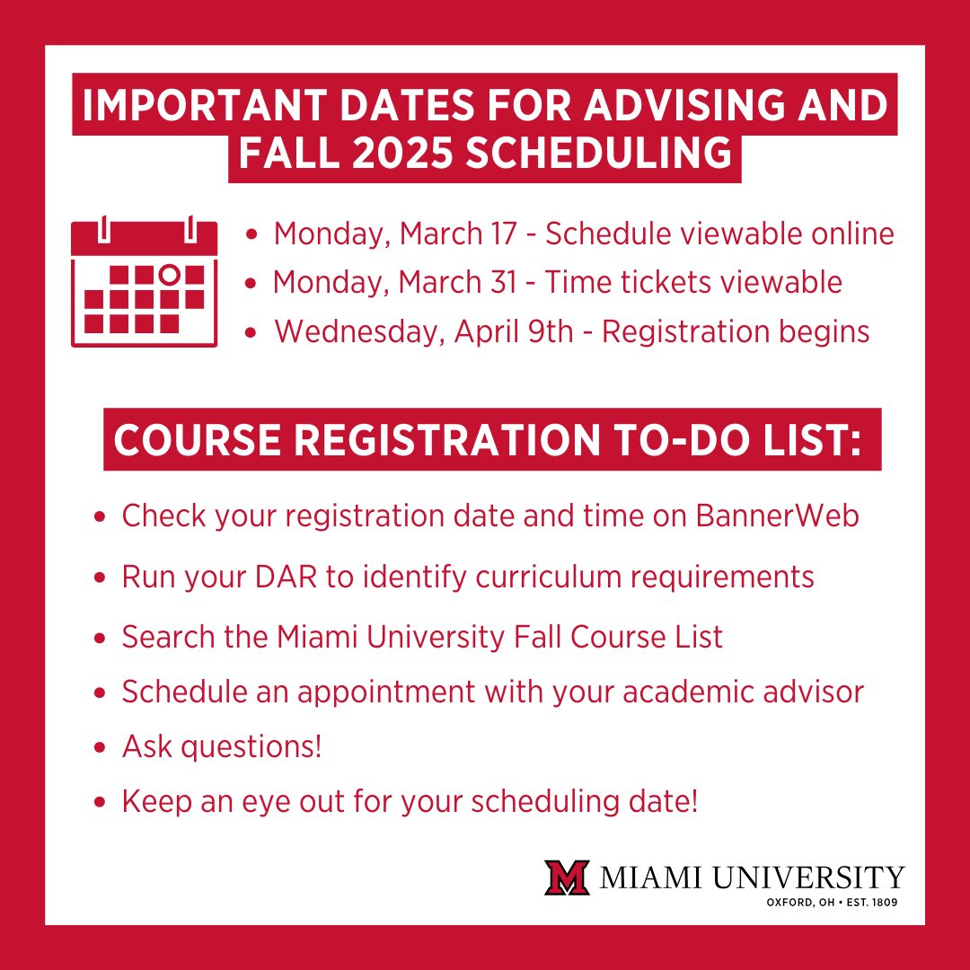 Mark your calendars! 🗓️ Here are the key dates you need to know for advising and course registration! Make sure to stay on top of your scheduling date and get ready for Fall 2025!