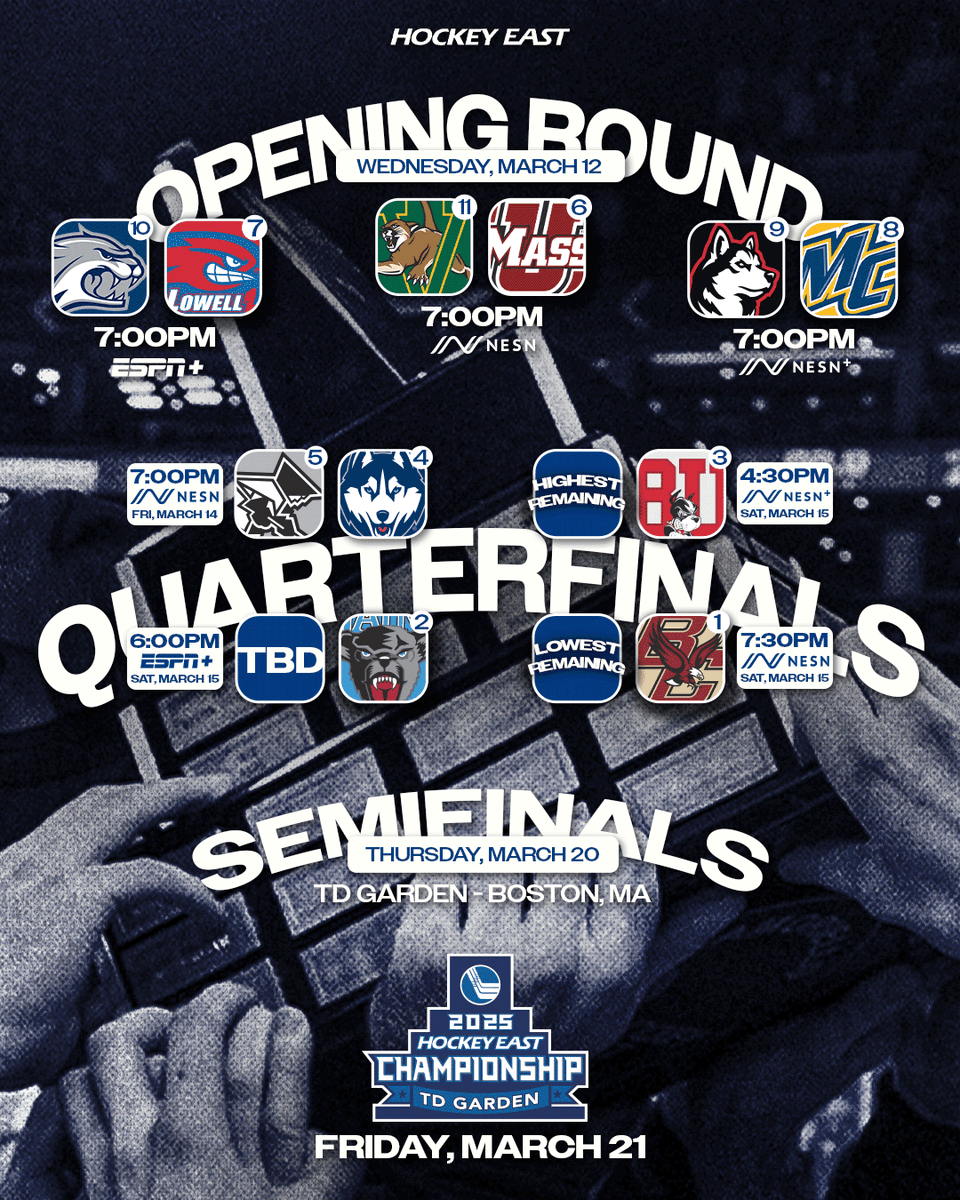IT'S PLAYOFF TIME 🍿🍿

The #HockeyEast Men's Championship Bracket it set 🏆Opening Round begins Wednesday, March 12

Who will make it all the way to <a href="/tdgarden/">TD Garden</a> 🤔

🎟️: ibit.ly/c-6cw