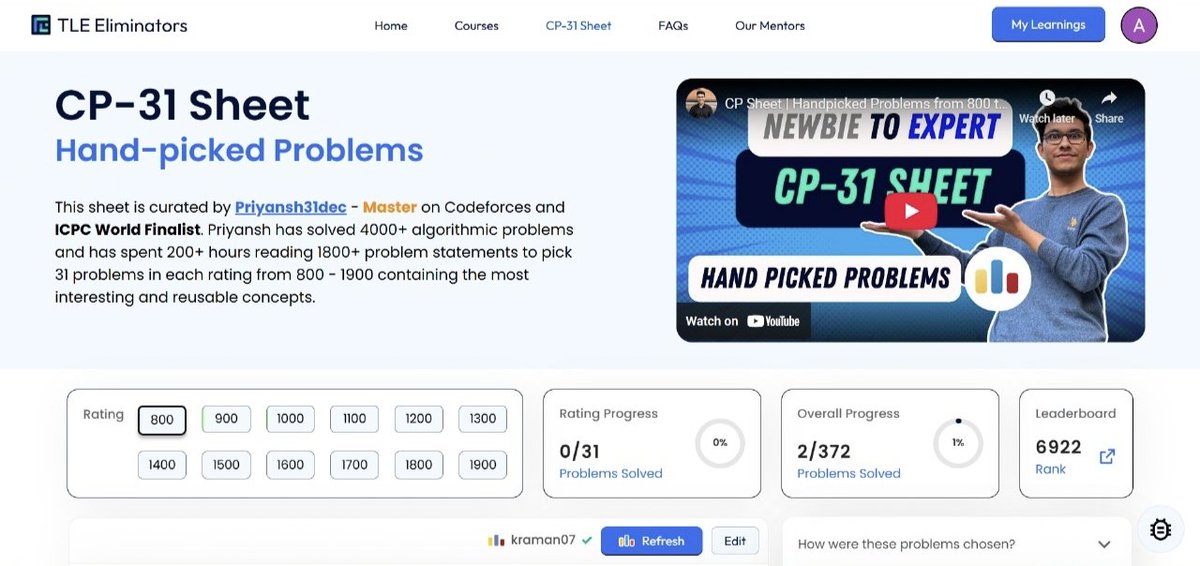 Aman (@amank1412) on Twitter photo Starting my journey with the #CP31Sheet by <a href="/TLE_Eliminators/">TLE Eliminators</a>! Time to grind 31 handpicked problems from each rating (800-1900) and level up in #CompetitiveProgramming. Let’s go! Starting my journey with the #CP31Sheet by <a href="/TLE_Eliminators/">TLE Eliminators</a>! Time to grind 31 handpicked problems from each rating (800-1900) and level up in #CompetitiveProgramming. Let’s go!
