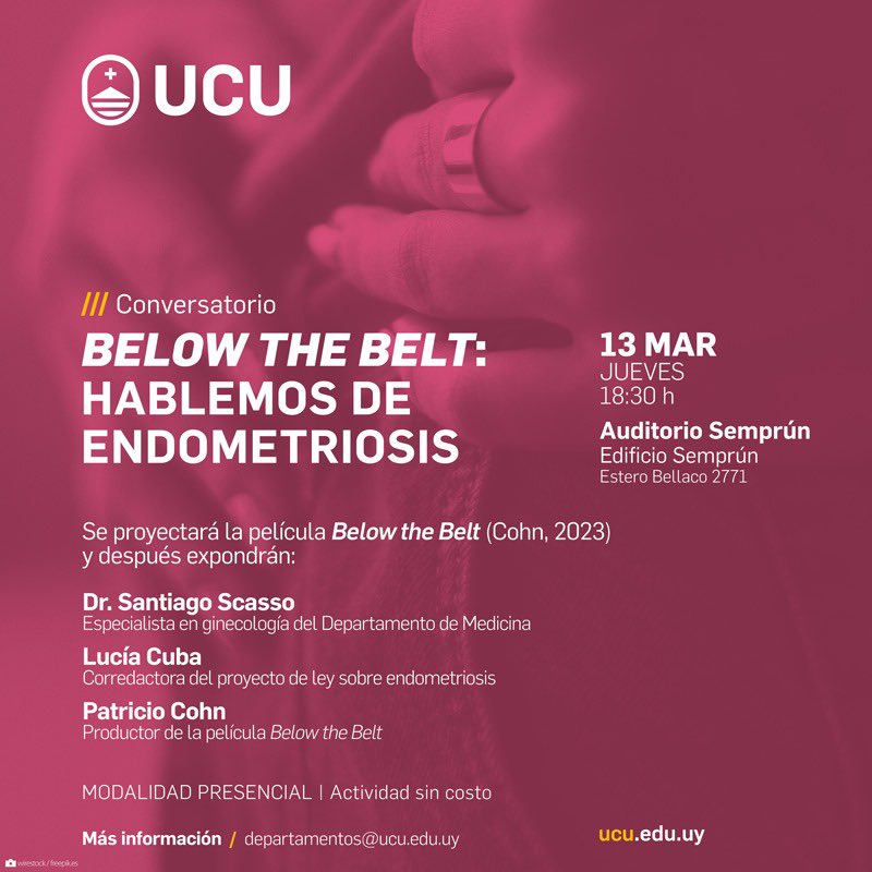 Marzo, mes de concientizacion sobre endonetriosis! Este jueves 13 de marzo a las 18 30 los esperamos en <a href="/UCUoficial/">Universidad Católica</a> para compartir el film “Below the belt” . Contaremos con la presencia con representante de la asociación civil Endo Comunidad. Organiza Departamento de Medicina
