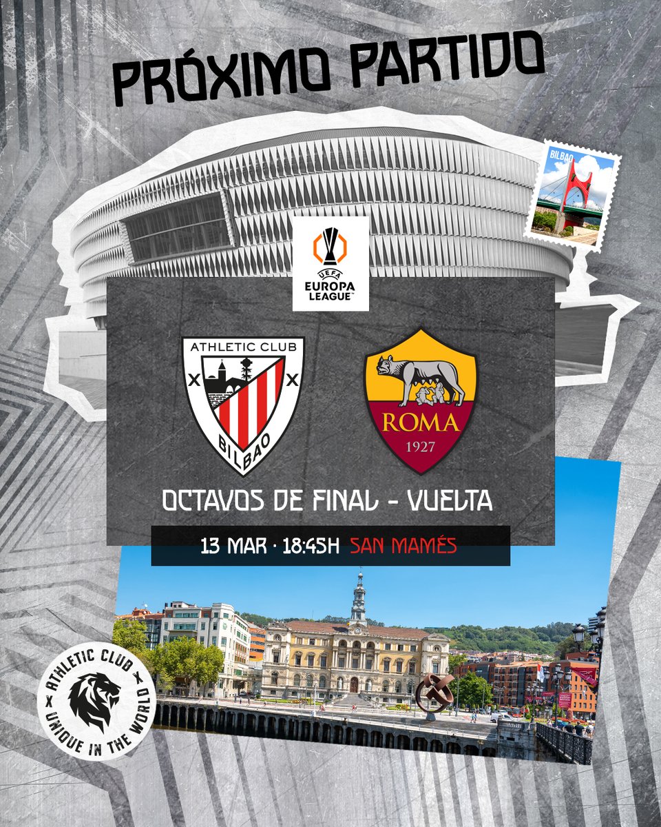 🔥 Partido decisivo en La Catedral 🧡 <a href="/EuropaLeague/">UEFA Europa League</a> 

¡A remontar! 

🆚 <a href="/OfficialASRoma/">AS Roma</a> 
🏟️ San Mamés
🗓️ Jueves, 13 marzo
🕡 18:45 

#AthleticRoma #UniqueInTheWorld