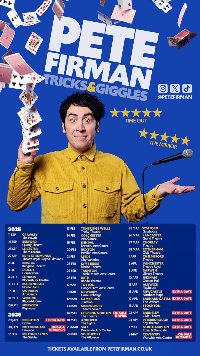 petefirman's tweet image. 🚨EXTRA DATES🚨
I’ve added more shows. I’ll now also be heading to BRIGHTON, NOTTINGHAM, CHIPPING NORTON, NEWCASTLE, BARNARD CASTLE, BARNSLEY, PETERBOROUGH, NORTHAMPTON & COVENTRY.
With the exception of a couple, these will all go on sale later this week petefirman.co.uk/live