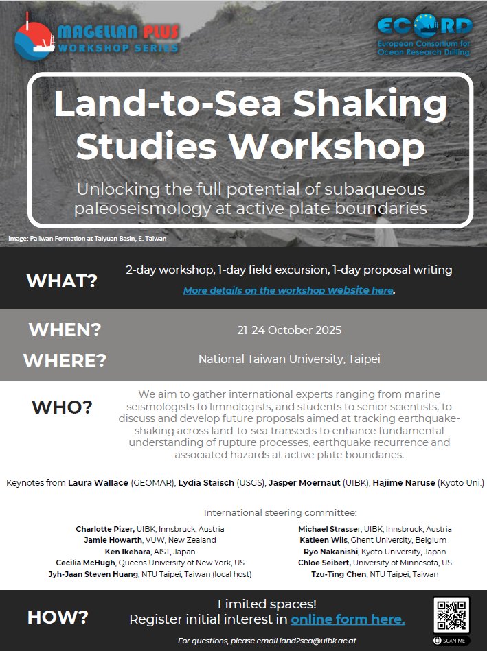Are you studying #earthquakes along active plate boundaries?

Whether you work in #paleoseismology, understanding #rupture processes or #hazard assessment, join us in #Taiwan for an inspiring 4-day <a href="/ECORD_IODP/">ECORD</a> #workshop!

Registration &amp; details via the links below!
#L2S3 🏔️➡️🌊