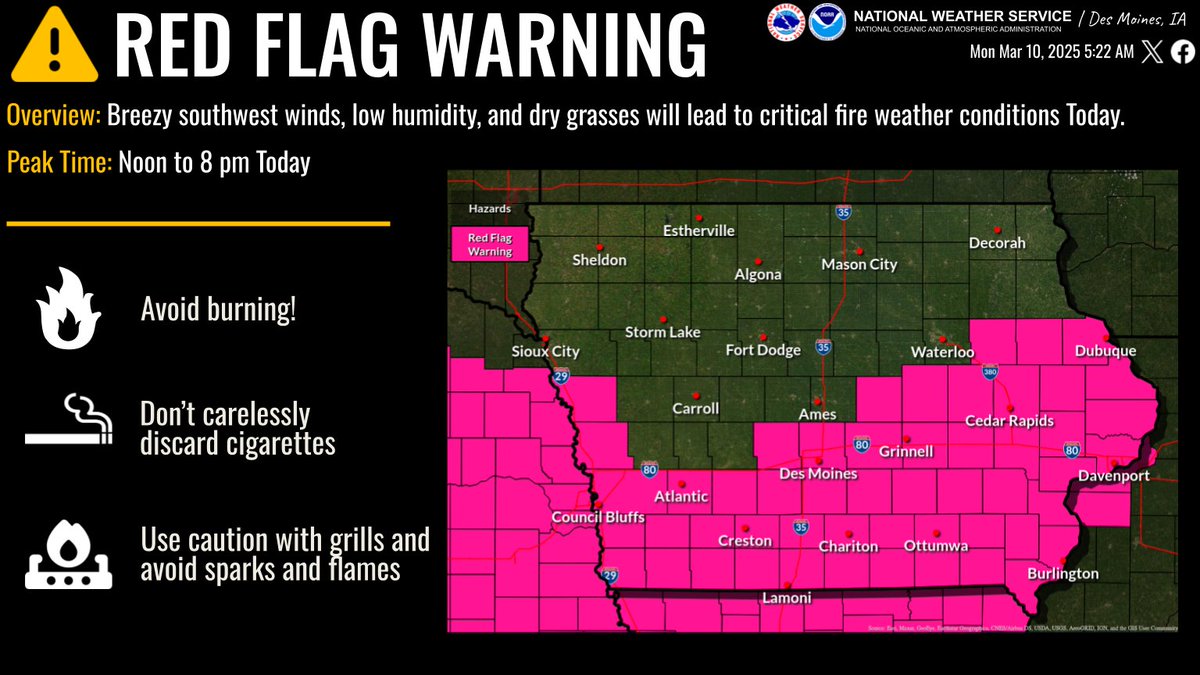 ⚠️🔥 Breezy southwesterly winds will combine with warm, dry conditions to create critical fire weather conditions over southern and central Iowa this afternoon.

Avoid burning and use extreme caution with anything that may produce a spark or flame. Fires could spread rapidly!