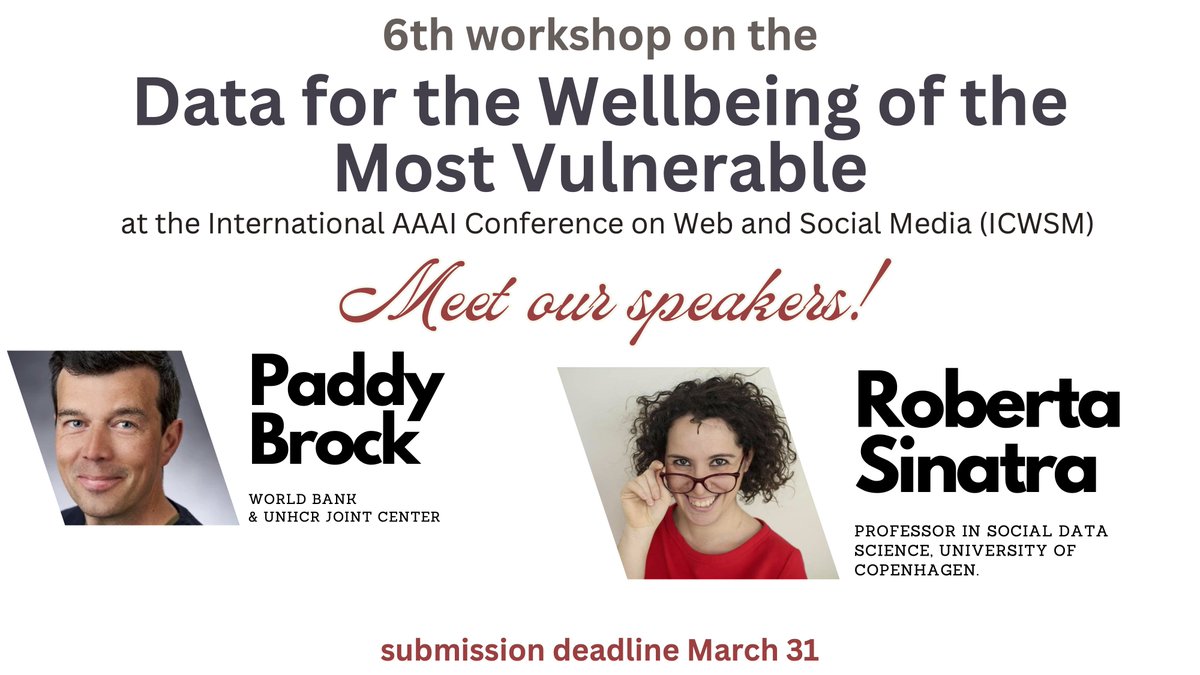 Yelena Mejova (@yelenamejova) on Twitter photo 📢 Meet the keynote speakers of the upcoming #ICWSM2025 Workshop on #Data for the Wellbeing of the Most #Vulnerable
👉<a href="/paddybrock/">Paddy Brock</a> at <a href="/WorldBank/">World Bank</a> & UNHCR <a href="/jointdatacenter/">Joint Data Center on Forced Displacement</a>
👉<a href="/robysinatra/">Roberta Sinatra</a> at University of Copenhagen
Join us! Submission deadline: March 31 sites.google.com/view/dataforvu… 📢 Meet the keynote speakers of the upcoming #ICWSM2025 Workshop on #Data for the Wellbeing of the Most #Vulnerable
👉<a href="/paddybrock/">Paddy Brock</a> at <a href="/WorldBank/">World Bank</a> & UNHCR <a href="/jointdatacenter/">Joint Data Center on Forced Displacement</a>
👉<a href="/robysinatra/">Roberta Sinatra</a> at University of Copenhagen
Join us! Submission deadline: March 31 sites.google.com/view/dataforvu…