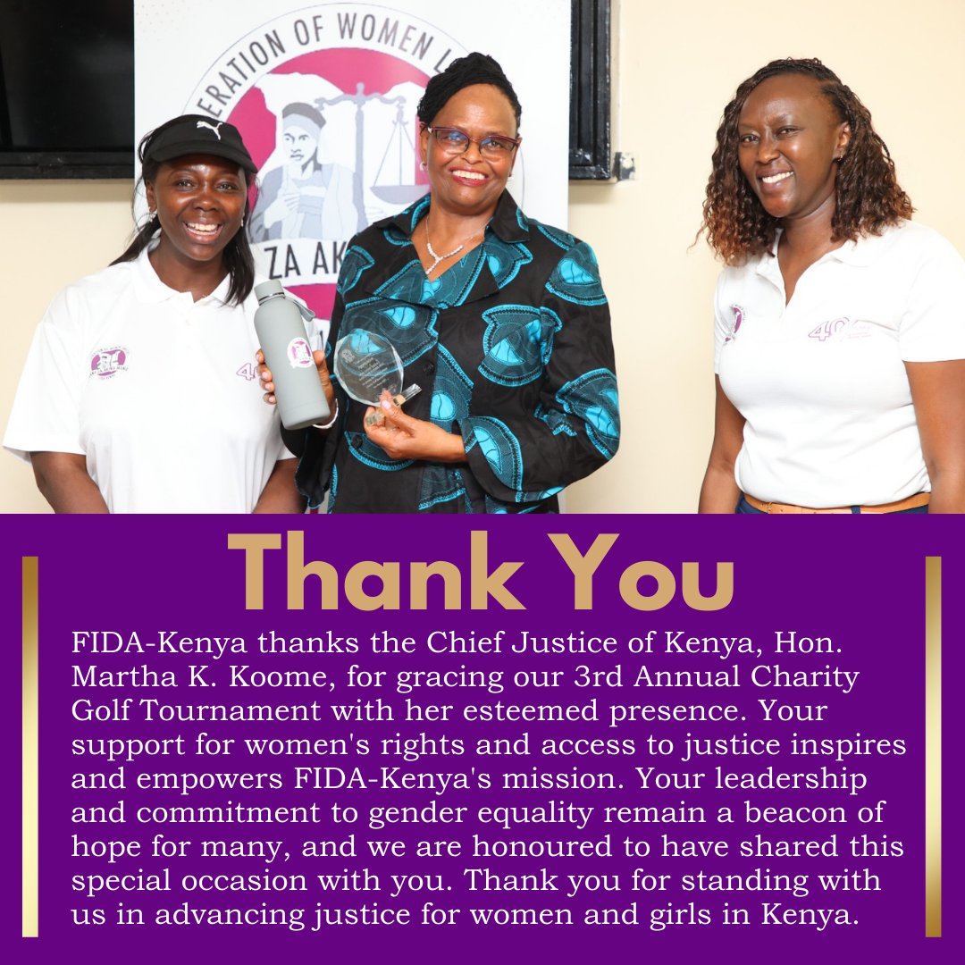 FIDA-Kenya (@fidakenya) on Twitter photo FIDA-Kenya sincerely thanks <a href="/CJMarthaKoome/">Hon. Justice Martha K. Koome, FCIArb, EGH</a> for gracing our Charity Golf Tournament. Your support for women's rights and access to justice inspires us. FIDA-Kenya sincerely thanks <a href="/CJMarthaKoome/">Hon. Justice Martha K. Koome, FCIArb, EGH</a> for gracing our Charity Golf Tournament. Your support for women's rights and access to justice inspires us.