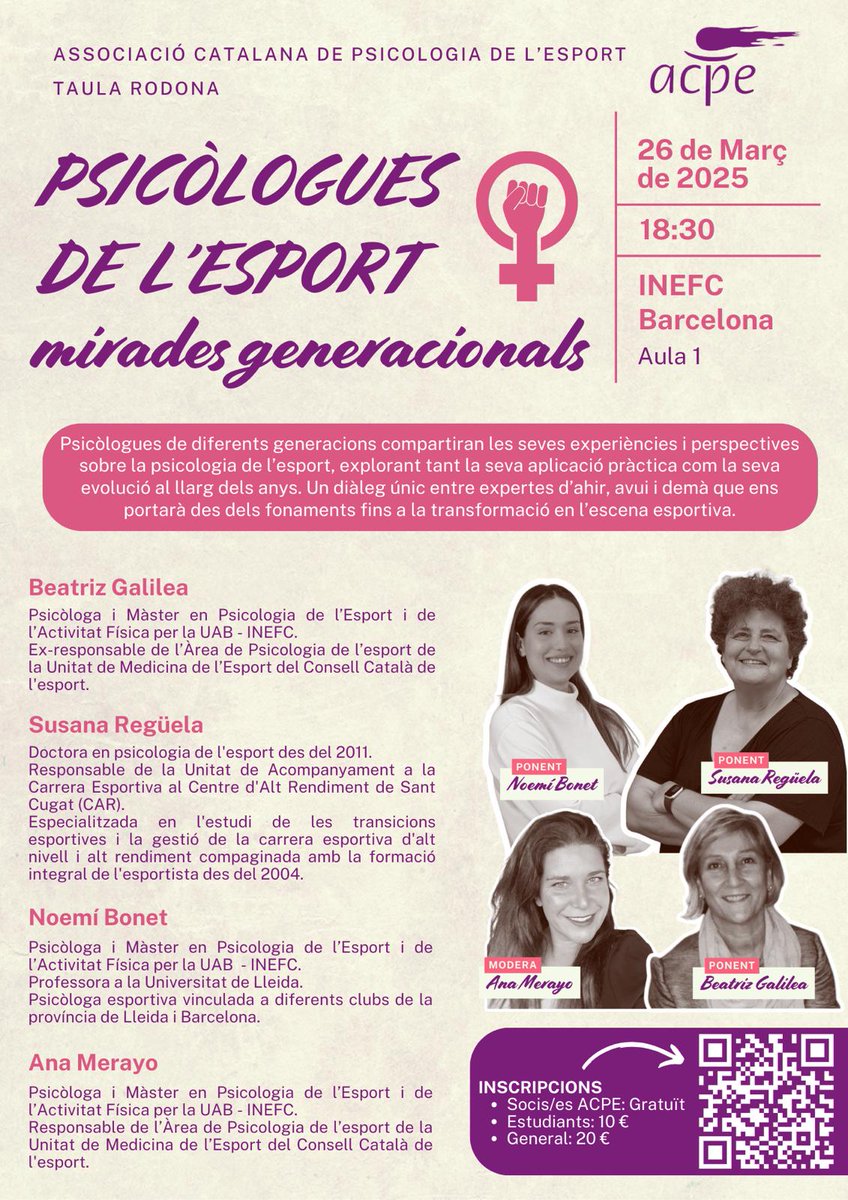 Inefc (@inefcat) on Twitter photo 🟣 ACTES | 'Psicòlogues de l'esport: mirades generacionals' és el títol de la taula rodona que organitzarà l'<a href="/ACPEPsiEsport/">Associació Catalana de Psicologia de l'Esport</a> a l'INEFC Barcelona
📅 26 de març, a les 18.30 h
🧑🤝🧑 Gratuïta per a la comunitat de l'INEFC
ℹ️ inefc.gencat.cat/ca/detalls/not…
#SomINEFC #INEFCenfemeni 🟣 ACTES | 'Psicòlogues de l'esport: mirades generacionals' és el títol de la taula rodona que organitzarà l'<a href="/ACPEPsiEsport/">Associació Catalana de Psicologia de l'Esport</a> a l'INEFC Barcelona
📅 26 de març, a les 18.30 h
🧑🤝🧑 Gratuïta per a la comunitat de l'INEFC
ℹ️ inefc.gencat.cat/ca/detalls/not…
#SomINEFC #INEFCenfemeni
