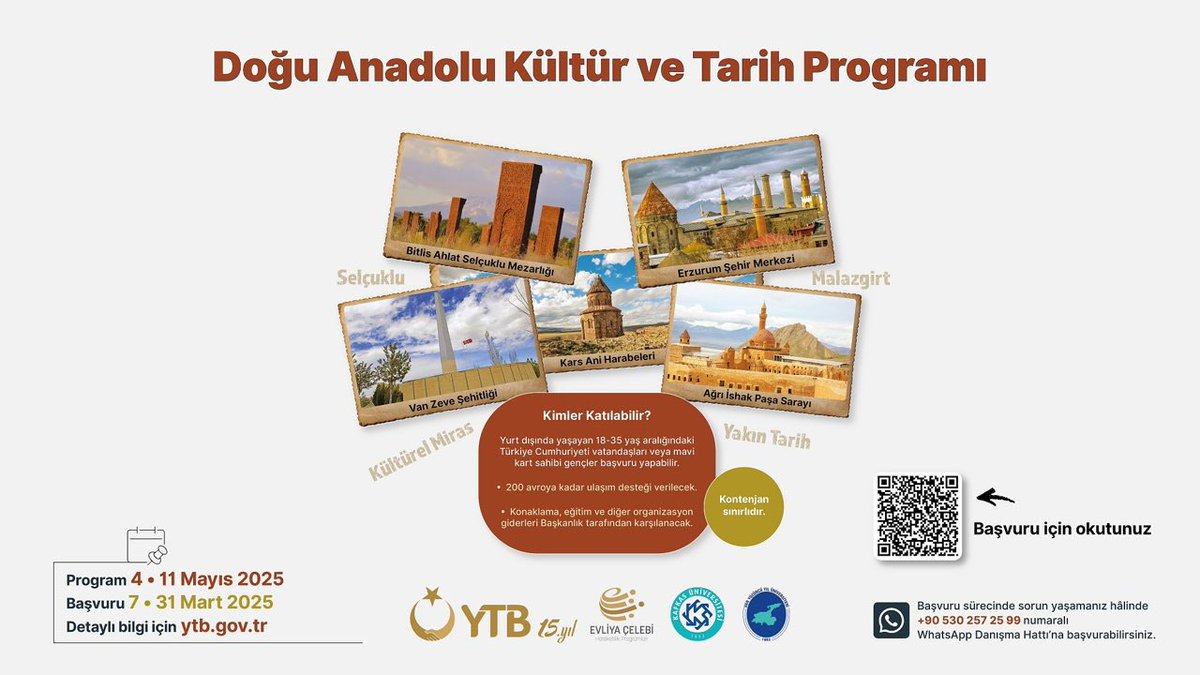 📣 YTB, yurt dışında yaşayan 18-35 yaş arası gençler için *Doğu Anadolu Kültür ve Tarih Programı* ile bölgenin zengin tarihî ve kültürel mirasını keşfetme fırsatı sunuyor! 

🗓️ *Program Tarihleri*: 4-11 Mayıs 2025  
💻 *Son Başvuru Tarihi*: 31 Mart 2025   

<a href="/tcmeb/">Millî Eğitim Bakanlığı</a> 
<a href="/mebyyegm/">Yükseköğretim ve Yurt Dışı Eğitim Genel Müdürlüğü</a>