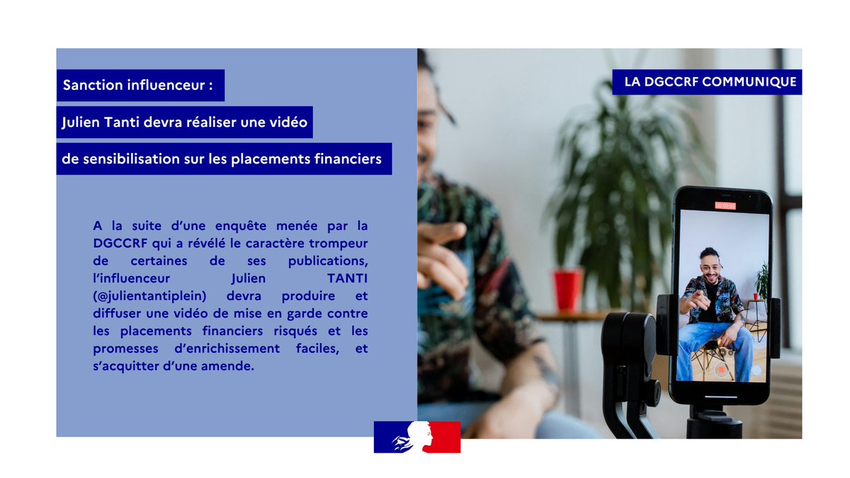 🗞️ Dans le cadre d'une enquête sur l’influenceur Julien Tanti il a été révélé qu'il a diffusé, sur ses réseaux sociaux, des publicités pour des services financiers de copy-trading et d’investissement dans l’or de nature à tromper le consommateur.
👉bit.ly/4hjyDLW