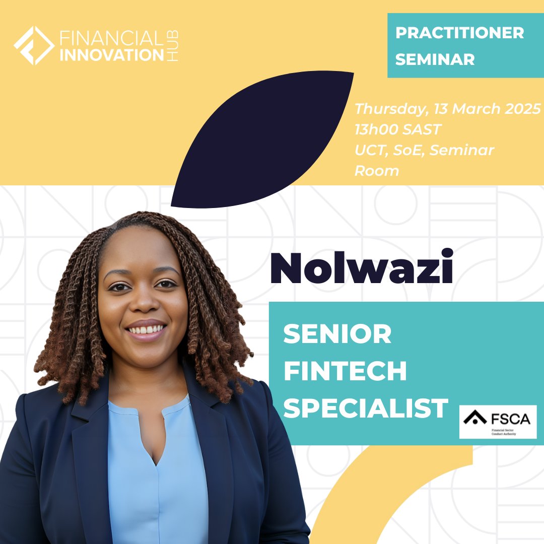 UCT Financial Innovation Hub (@uctfinhub) on Twitter photo Join us for a prac seminar with Nolwazi Hlophe, Senior FinTech Specialist at <a href="/fscasouthafrica/">FSCA South Africa</a>, as she shares insights on their recent market study on DeFi in SA.
📆 13 Mar 25
⏰ 1 PM SAST
📍 UCT, SoE, Seminar Room
RSVP here: forms.gle/oWUabC77QxGNoV…
#DeFi #Fintech #FSCA #FinHub Join us for a prac seminar with Nolwazi Hlophe, Senior FinTech Specialist at <a href="/fscasouthafrica/">FSCA South Africa</a>, as she shares insights on their recent market study on DeFi in SA.
📆 13 Mar 25
⏰ 1 PM SAST
📍 UCT, SoE, Seminar Room
RSVP here: forms.gle/oWUabC77QxGNoV…
#DeFi #Fintech #FSCA #FinHub