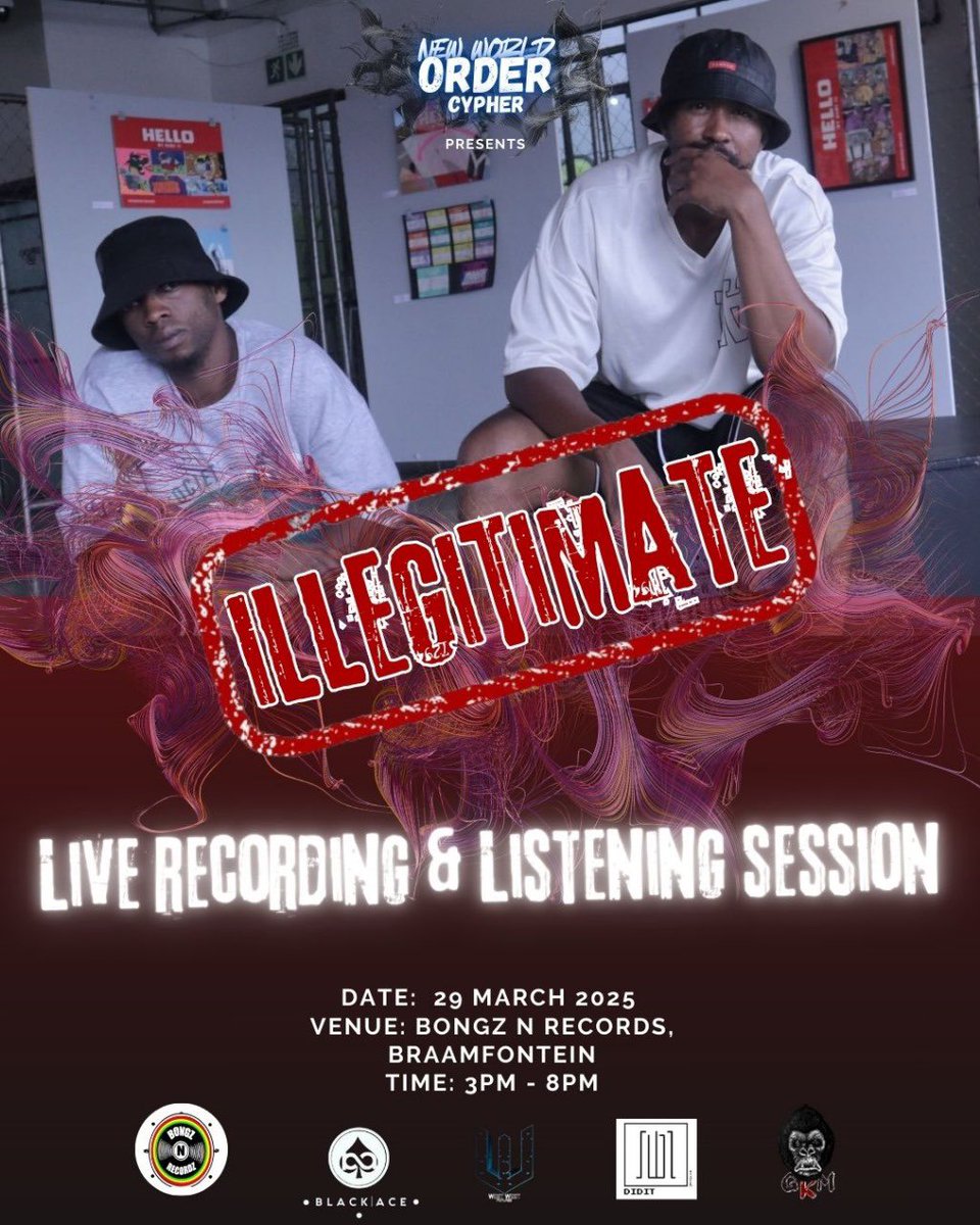 Father Of The Year 🏆 (@ta_longz) on Twitter photo AYO!
29 March we doing RAP STUFF! 🗣️ 🔥
NWO Cypher brings you: ILLEGITIMATE with:
<a href="/BlackAce_za/">Belly Of The Beast 🌆</a>
<a href="/ILLYAMIN_SA/">IllyMonate</a>
<a href="/Jaleel_rsa/">Jay Wrighteou$ 🐐</a>
D-Stxinz
Sizi S
Hosted by <a href="/illythehost/">illythehost.</a> AYO!
29 March we doing RAP STUFF! 🗣️ 🔥
NWO Cypher brings you: ILLEGITIMATE with:
<a href="/BlackAce_za/">Belly Of The Beast 🌆</a>
<a href="/ILLYAMIN_SA/">IllyMonate</a>
<a href="/Jaleel_rsa/">Jay Wrighteou$ 🐐</a>
D-Stxinz
Sizi S
Hosted by <a href="/illythehost/">illythehost.</a>