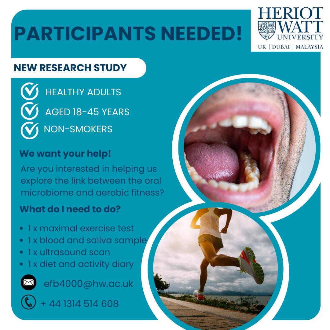 Elena Bowles (@elenabowlesx) on Twitter photo Calling all those based in Edinburgh, Glasgow, and surrounding areas! 🧪
Participants needed for a new study looking at the link between aerobic fitness and oral nitrate reduction🥬🏃♂️
Please contact efb4000@hw.ac.uk or reply to this post for more info! Calling all those based in Edinburgh, Glasgow, and surrounding areas! 🧪
Participants needed for a new study looking at the link between aerobic fitness and oral nitrate reduction🥬🏃♂️
Please contact efb4000@hw.ac.uk or reply to this post for more info!